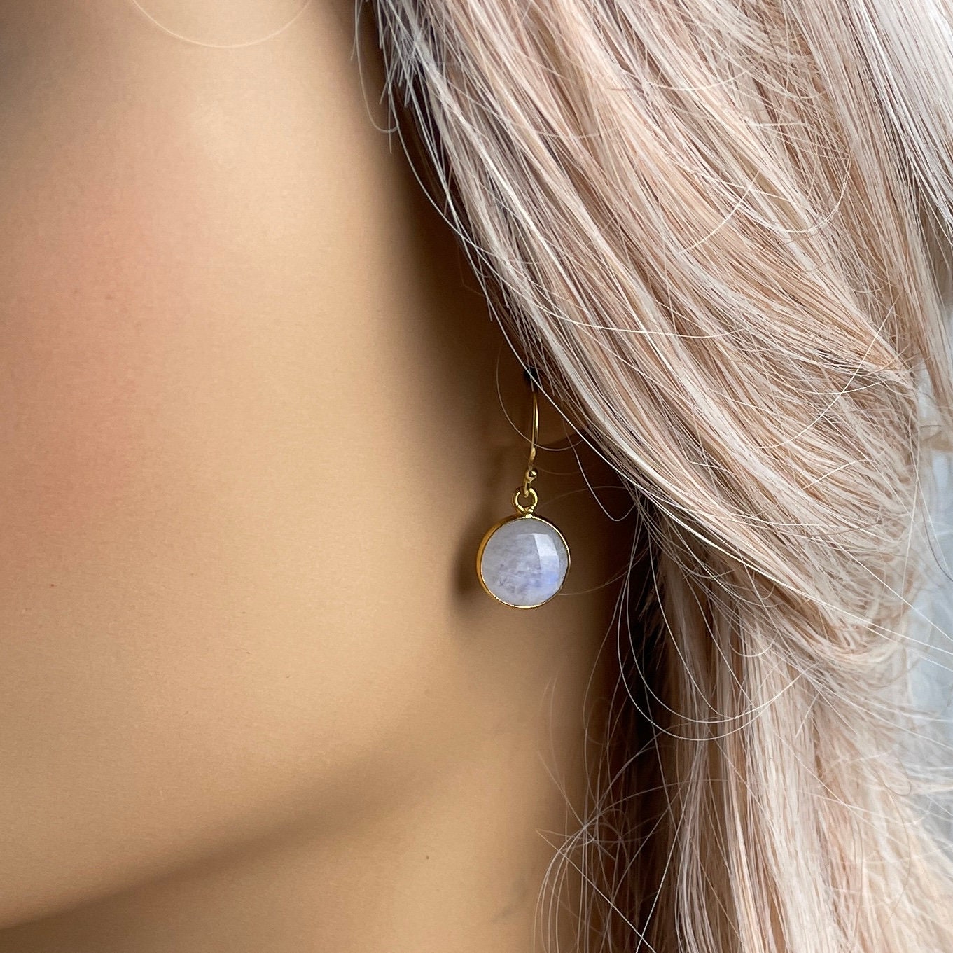 White Crystal Drop Earrings Gold, Moonstone Earrings, Blue Flash, Small Round Faceted Gemstones, Christmas Gifts For Wife, M6-47