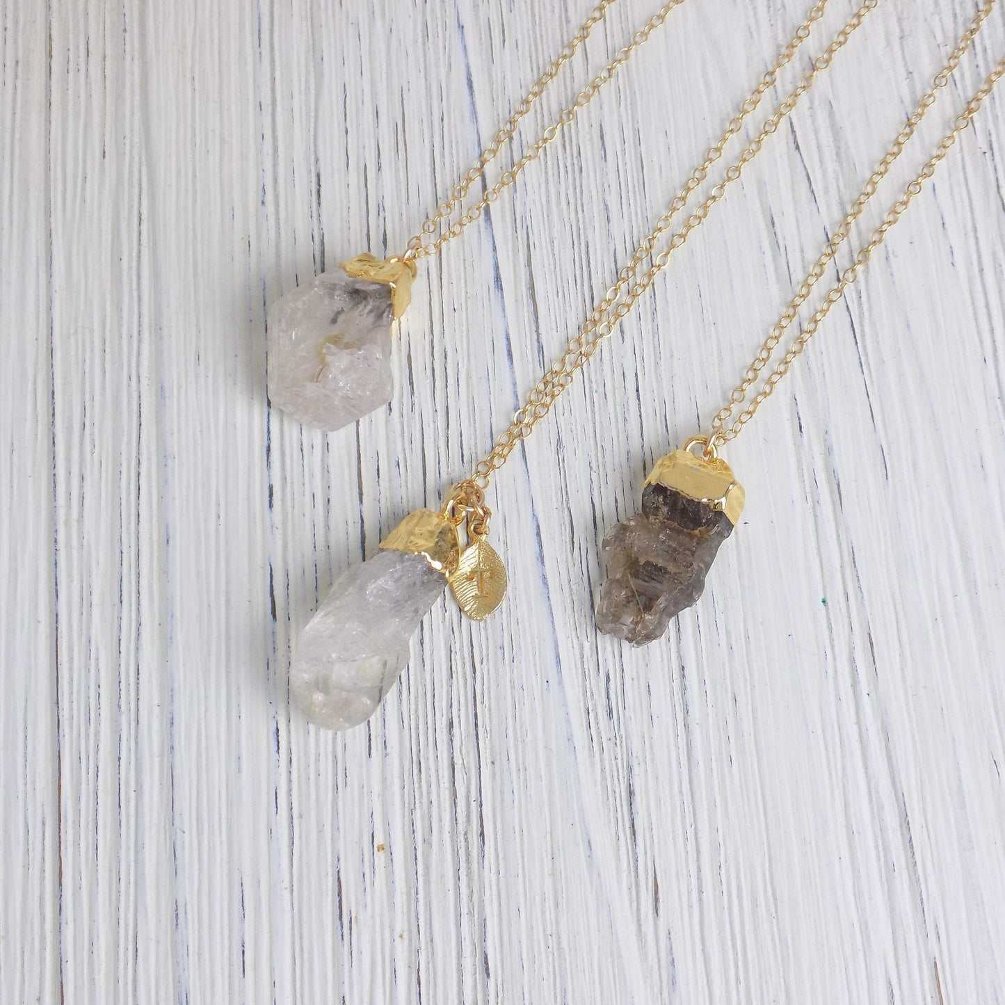 Custom Raw Herkimer Diamond Natural Gemstone Necklace on 14K Gold Filled Chain with Stamped Initial Charm, M6-29