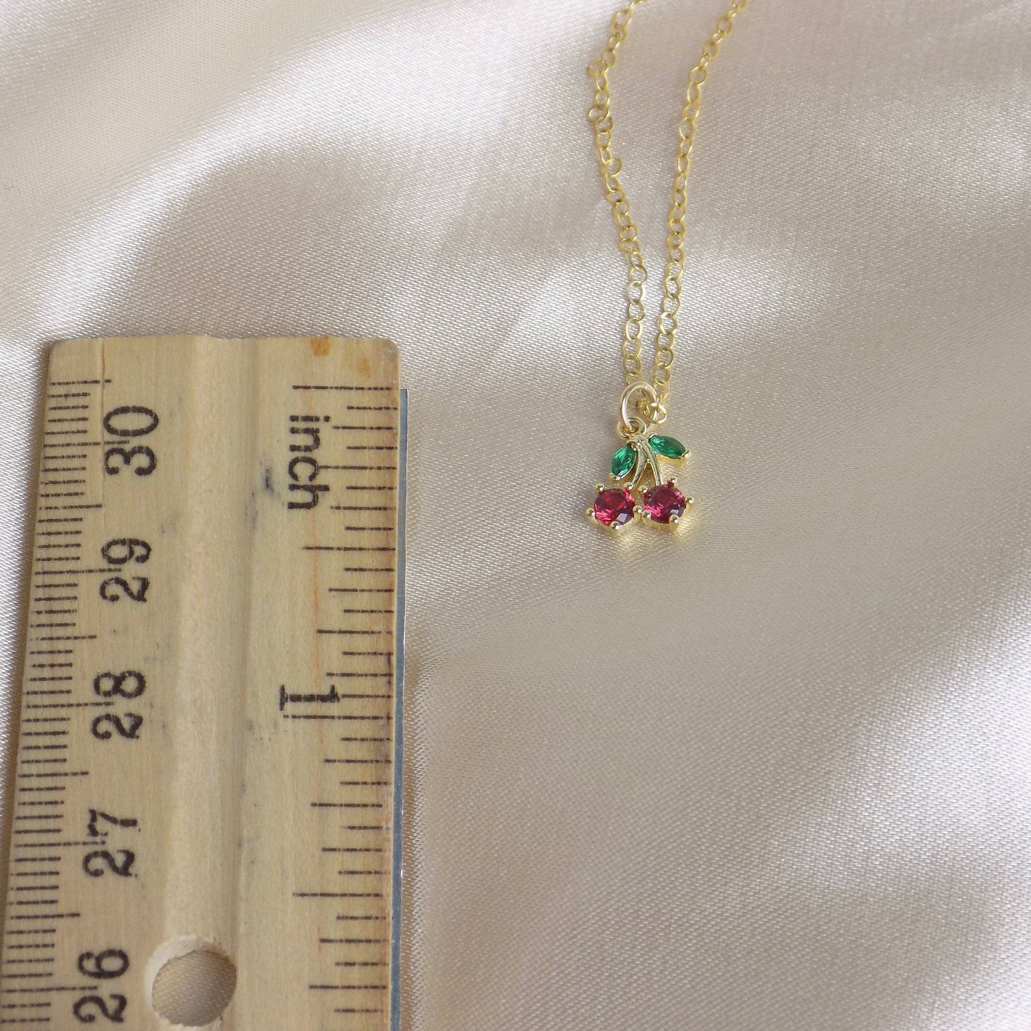 Tiny Cherry Necklace Gold, Small Zircon Red Cherry Charm Necklace, Dainty Gold Layer, 14K Gold Filled Chain, Gifts For Her, M6-32