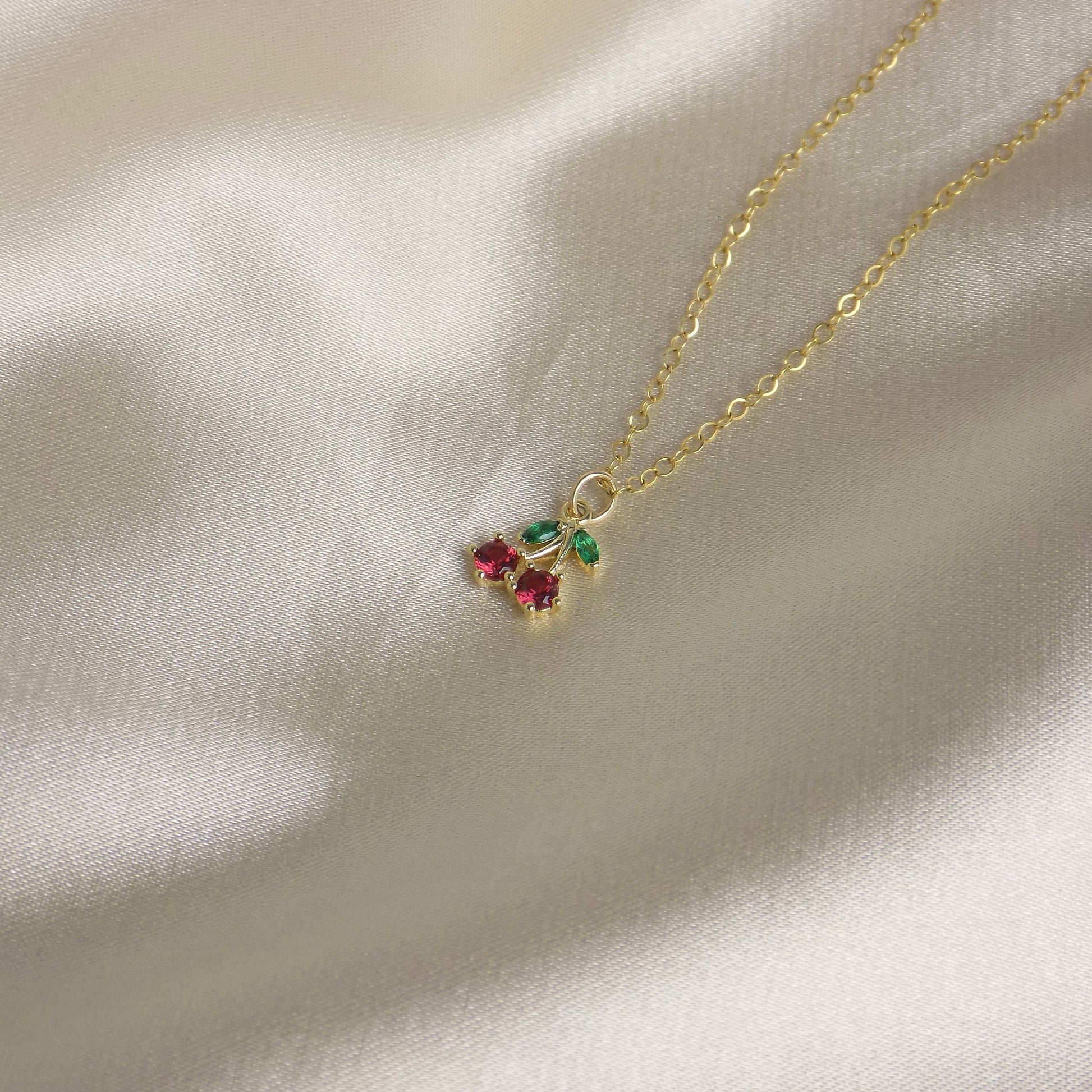 Tiny Cherry Necklace Gold, Small Zircon Red Cherry Charm Necklace, Dainty Gold Layer, 14K Gold Filled Chain, Gifts For Her, M6-32
