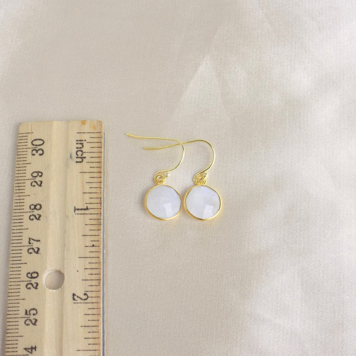 White Crystal Drop Earrings Gold, Moonstone Earrings, Blue Flash, Small Round Faceted Gemstones, Christmas Gifts For Wife, M6-47