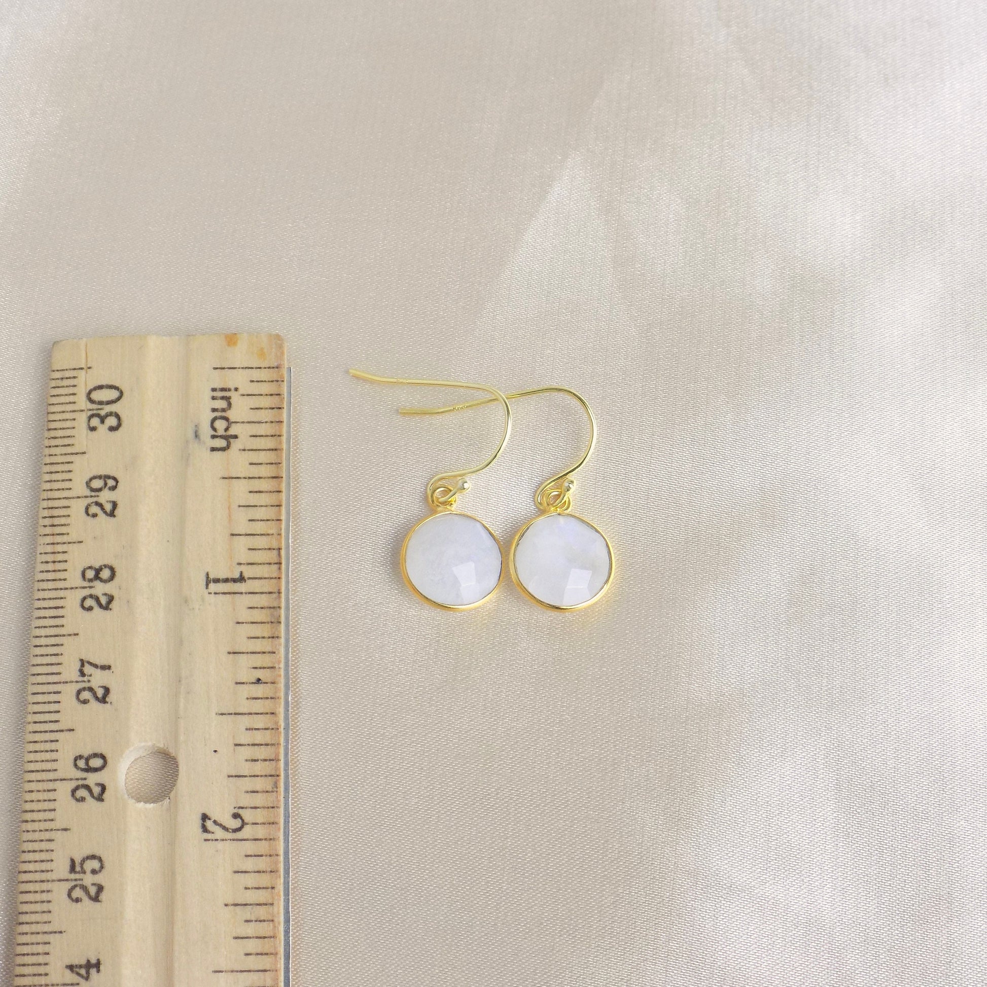 White Crystal Drop Earrings Gold, Moonstone Earrings, Blue Flash, Small Round Faceted Gemstones, Christmas Gifts For Wife, M6-47