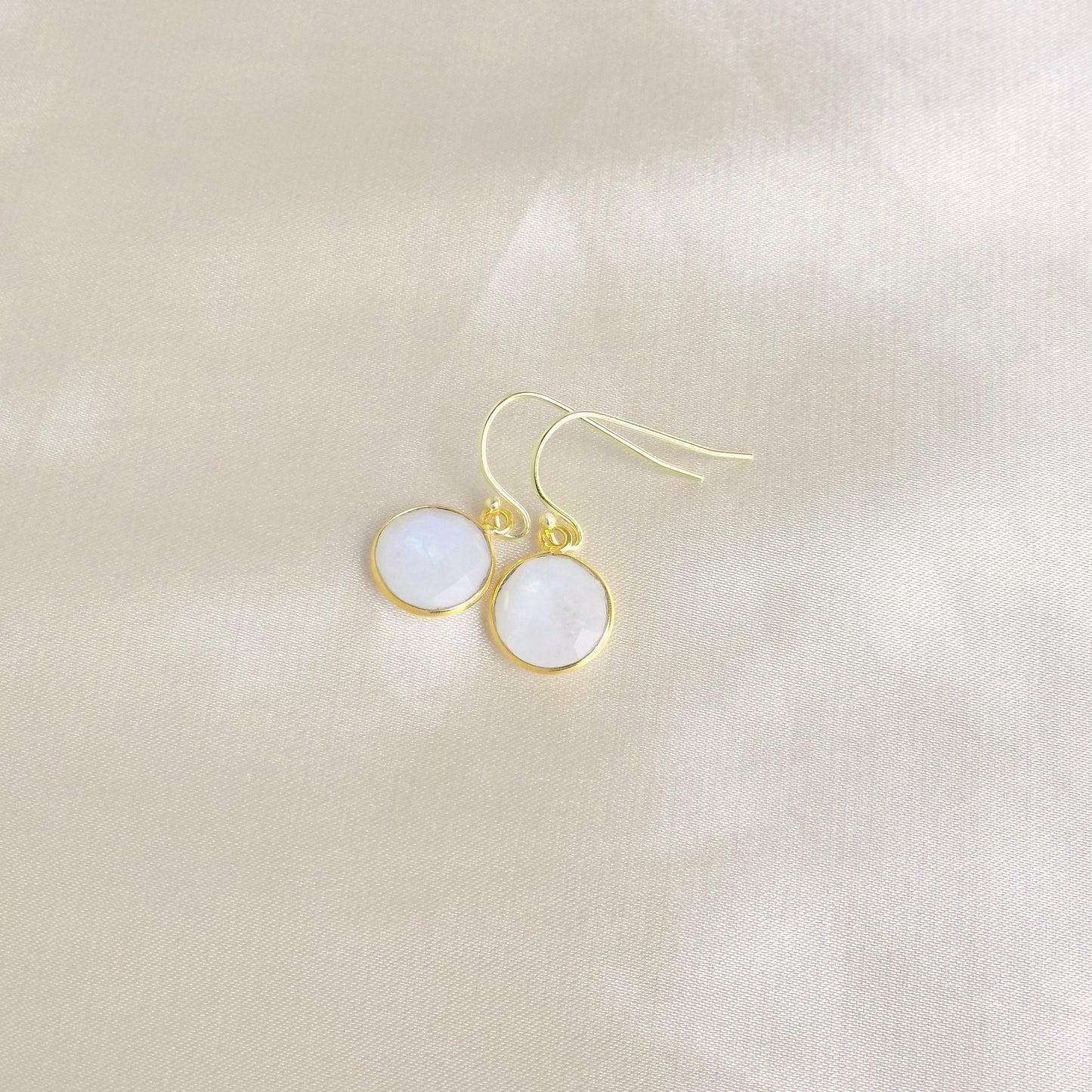 White Crystal Drop Earrings Gold, Moonstone Earrings, Blue Flash, Small Round Faceted Gemstones, Christmas Gifts For Wife, M6-47