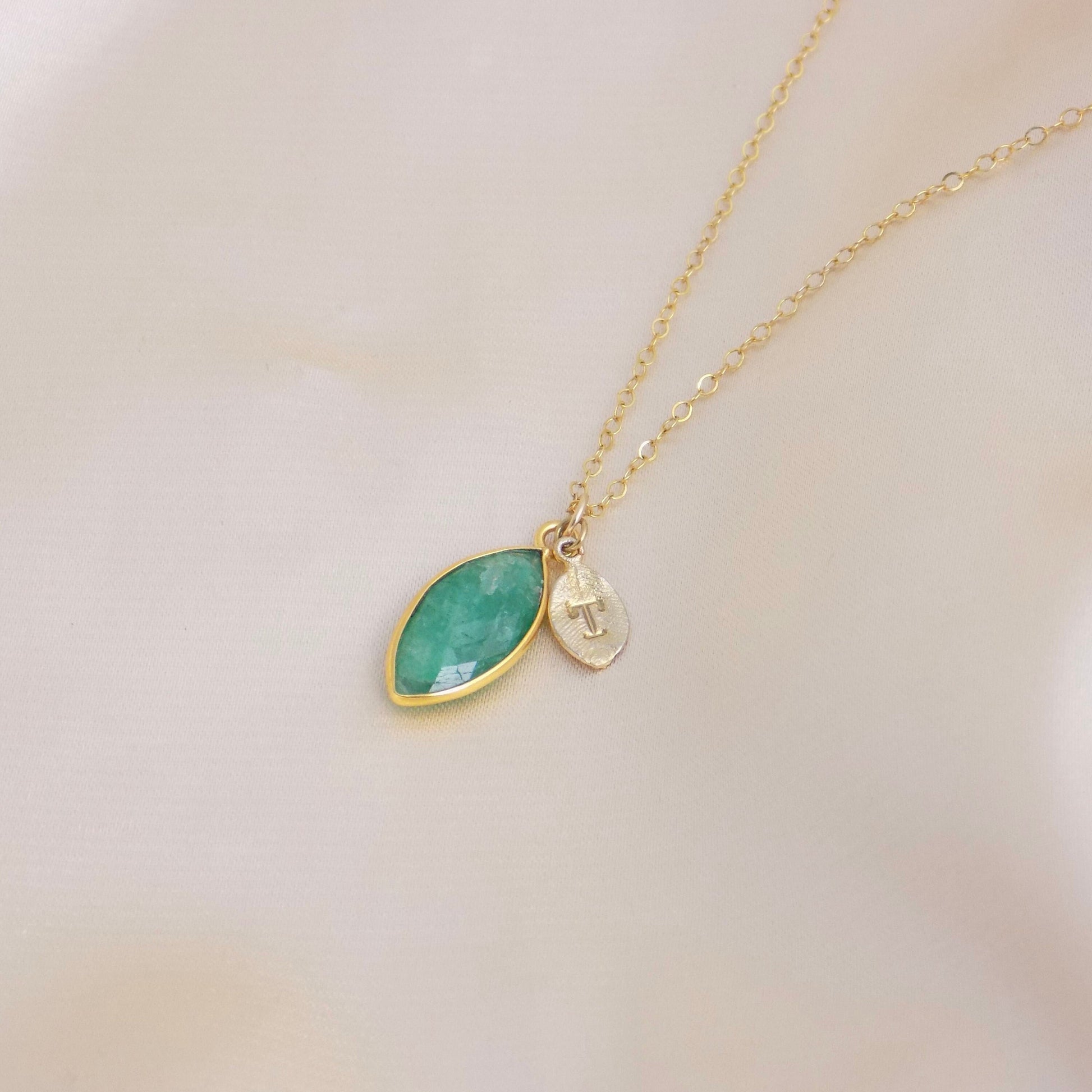 Raw Emerald Necklace Personalized Gold Fill, May Birthstone Necklace, Genuine Emerald Marquise, May Birthday Gift For Wife, M6-88