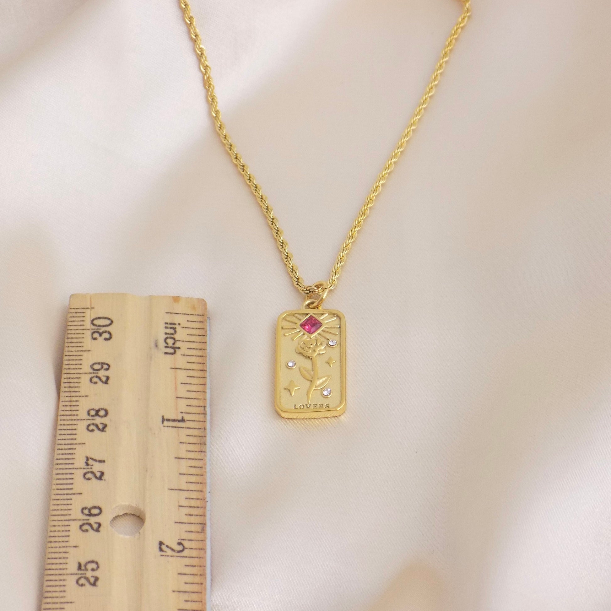 Tarot Card Necklace, Gold Tag Necklace, 18K Gold Stainless Steel Rope Chain, Ruby Flower Charm, Trendy Layering, M6-105