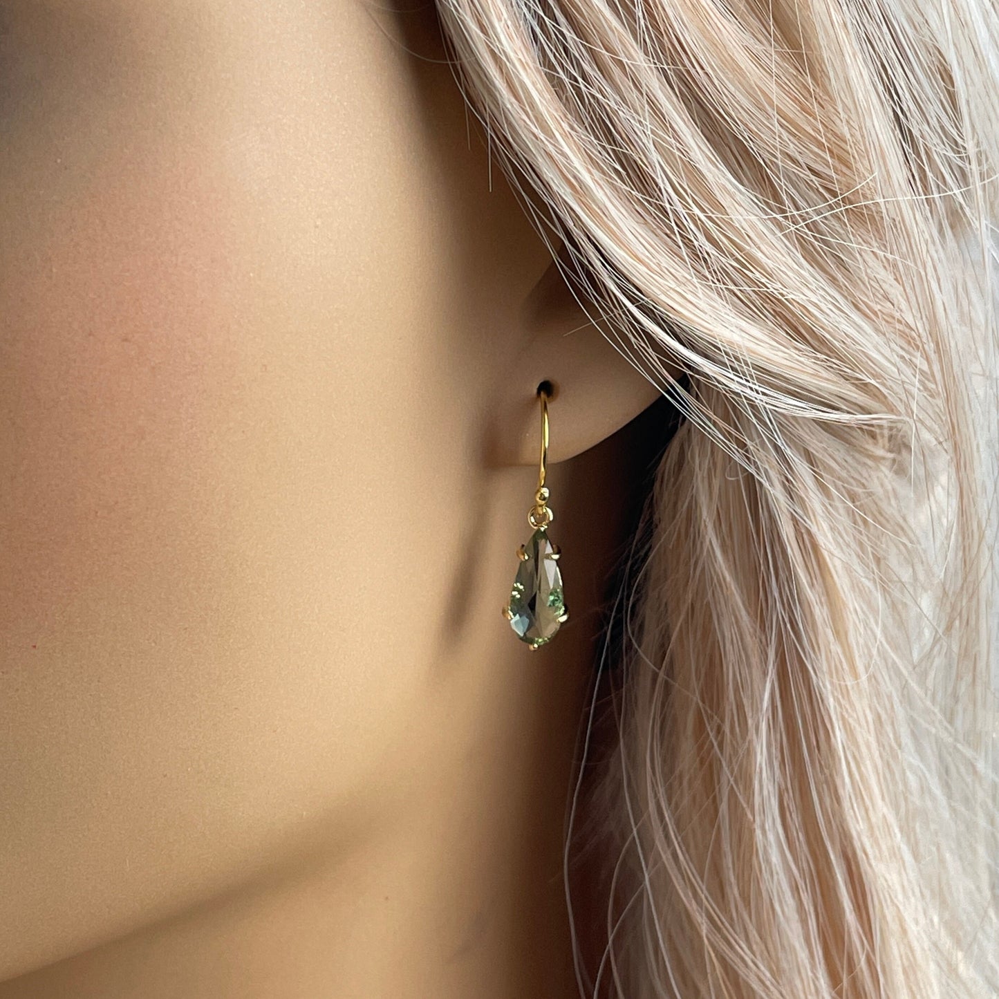 Olive Green Crystal Drop Earrings Gold, Dainty Crystal Dangle, Gifts For Mom, M6-119
