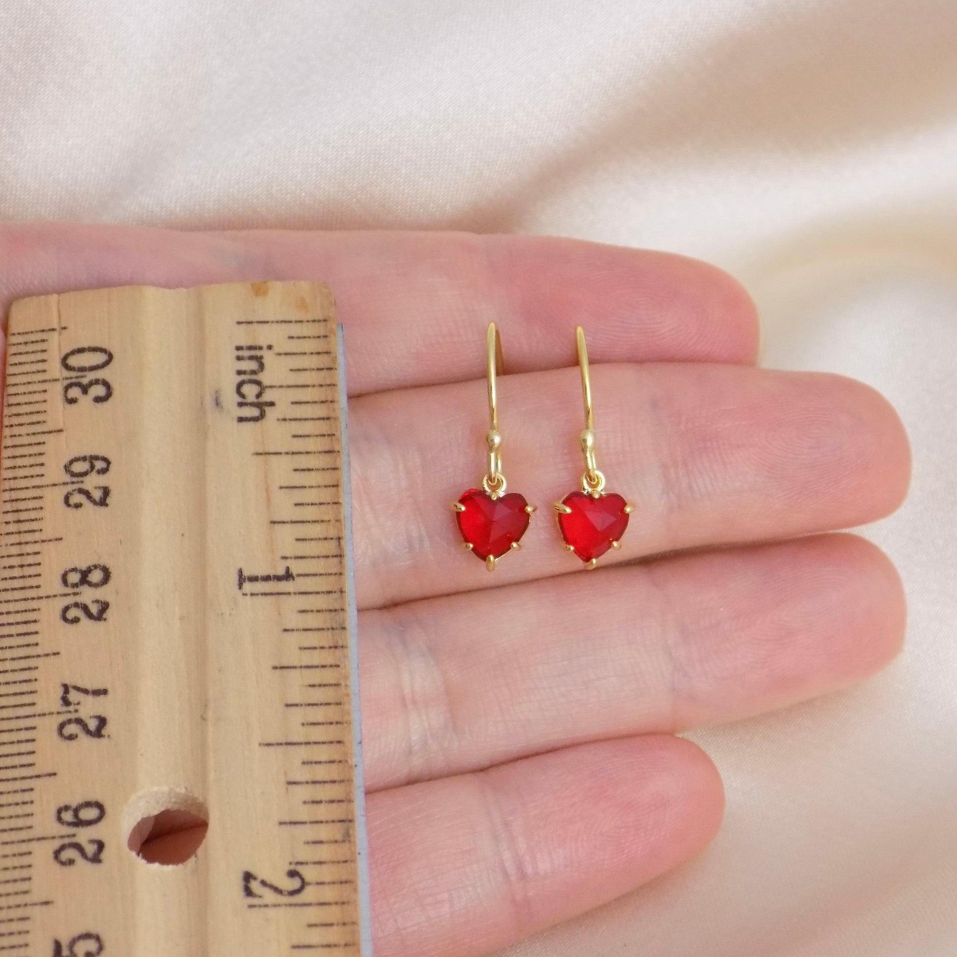Valentines Day Gift, Tiny Red Heart Earrings Gold, Small Cubic Zirconia Heart Dangle Earring, M6-120