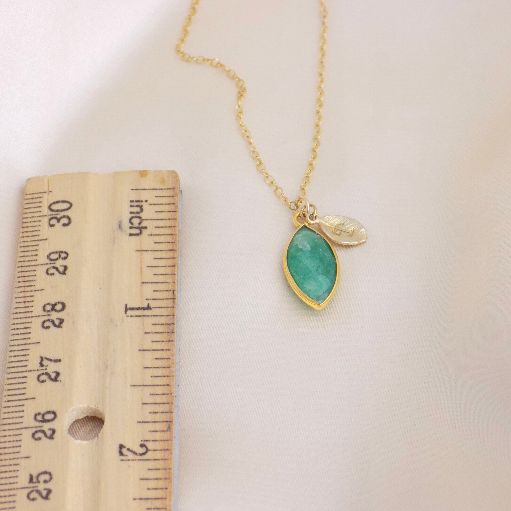 Raw Emerald Necklace Personalized Gold Fill, May Birthstone Necklace, Genuine Emerald Marquise, May Birthday Gift For Wife, M6-88