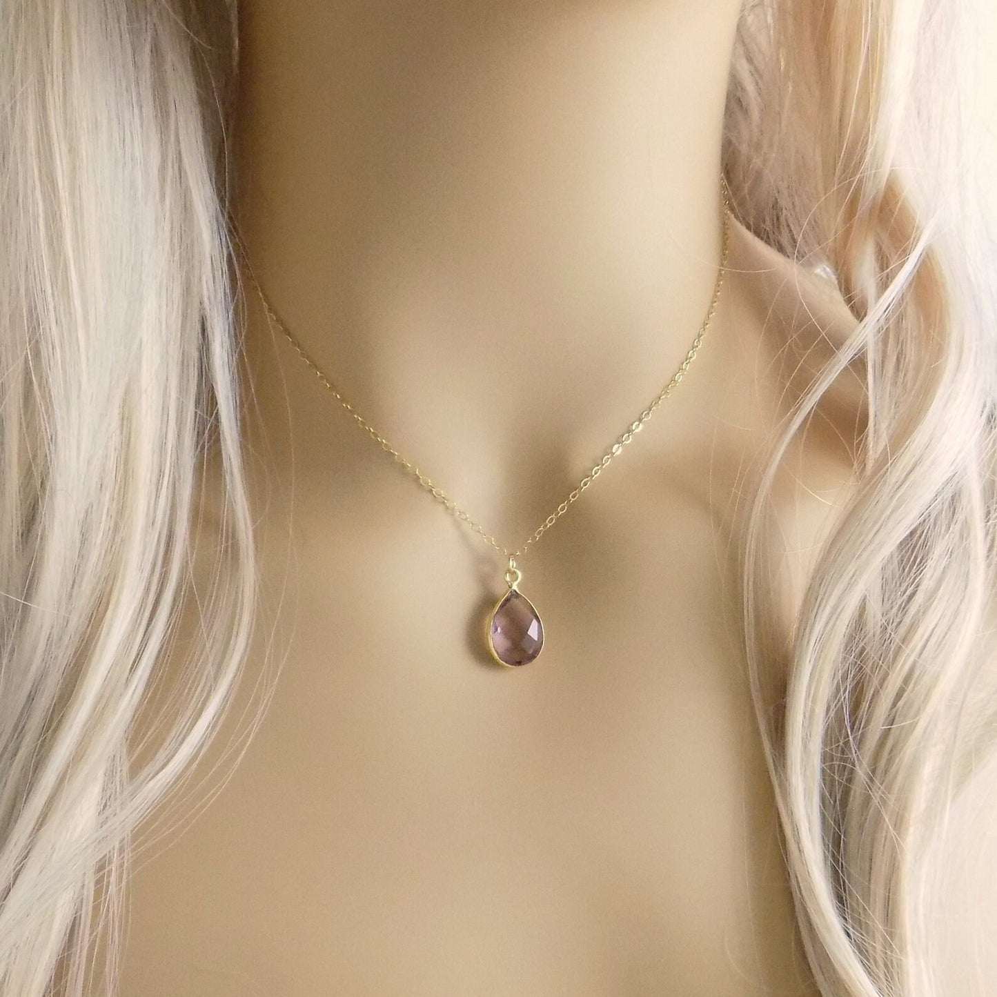 Gift For Mom, Morganite Necklace Gold, Personalized Blush Pink Purple Crystal Pendant, M2-20