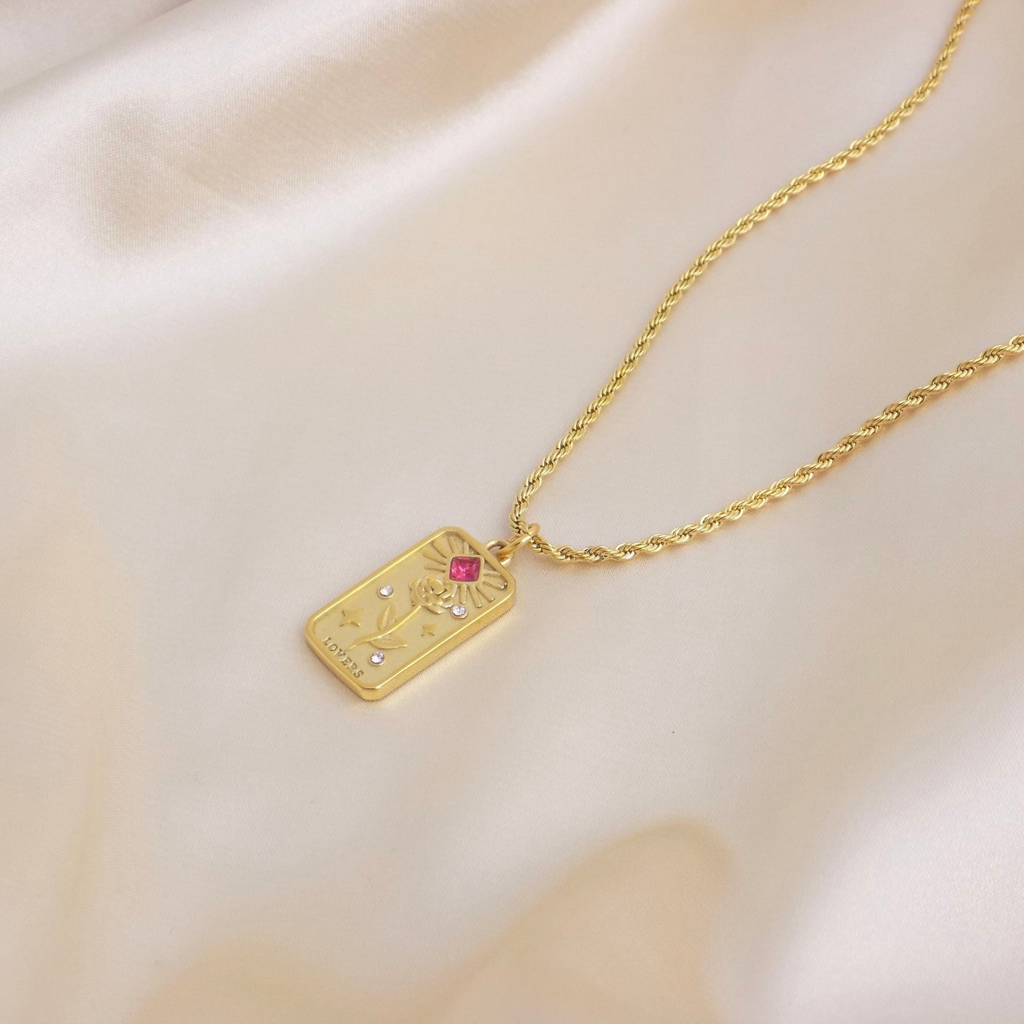 Tarot Card Necklace, Gold Tag Necklace, 18K Gold Stainless Steel Rope Chain, Ruby Flower Charm, Trendy Layering, M6-105