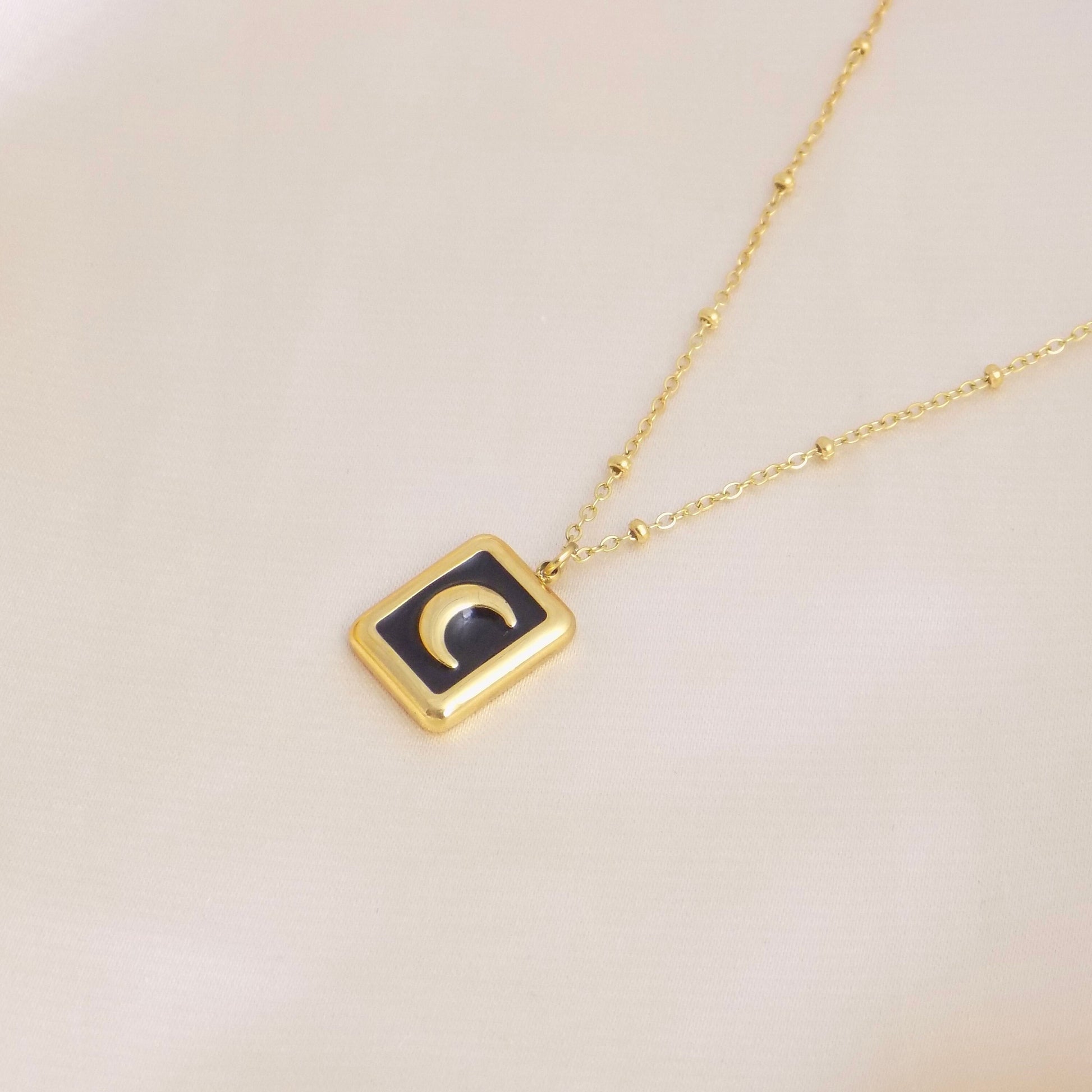 Unique Crescent Moon Necklace on 18K Gold Stainless Steel Satellite Chain, M6-109