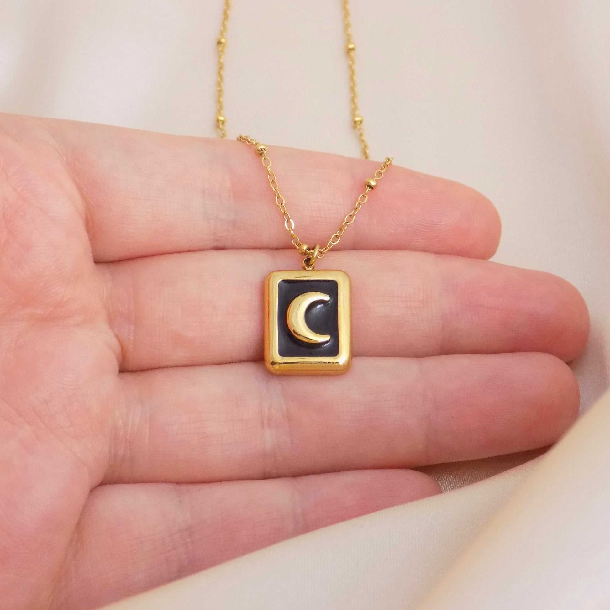 Unique Crescent Moon Necklace on 18K Gold Stainless Steel Satellite Chain, M6-109