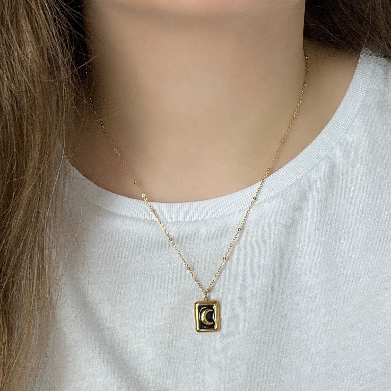 Unique Crescent Moon Necklace on 18K Gold Stainless Steel Satellite Chain, M6-109