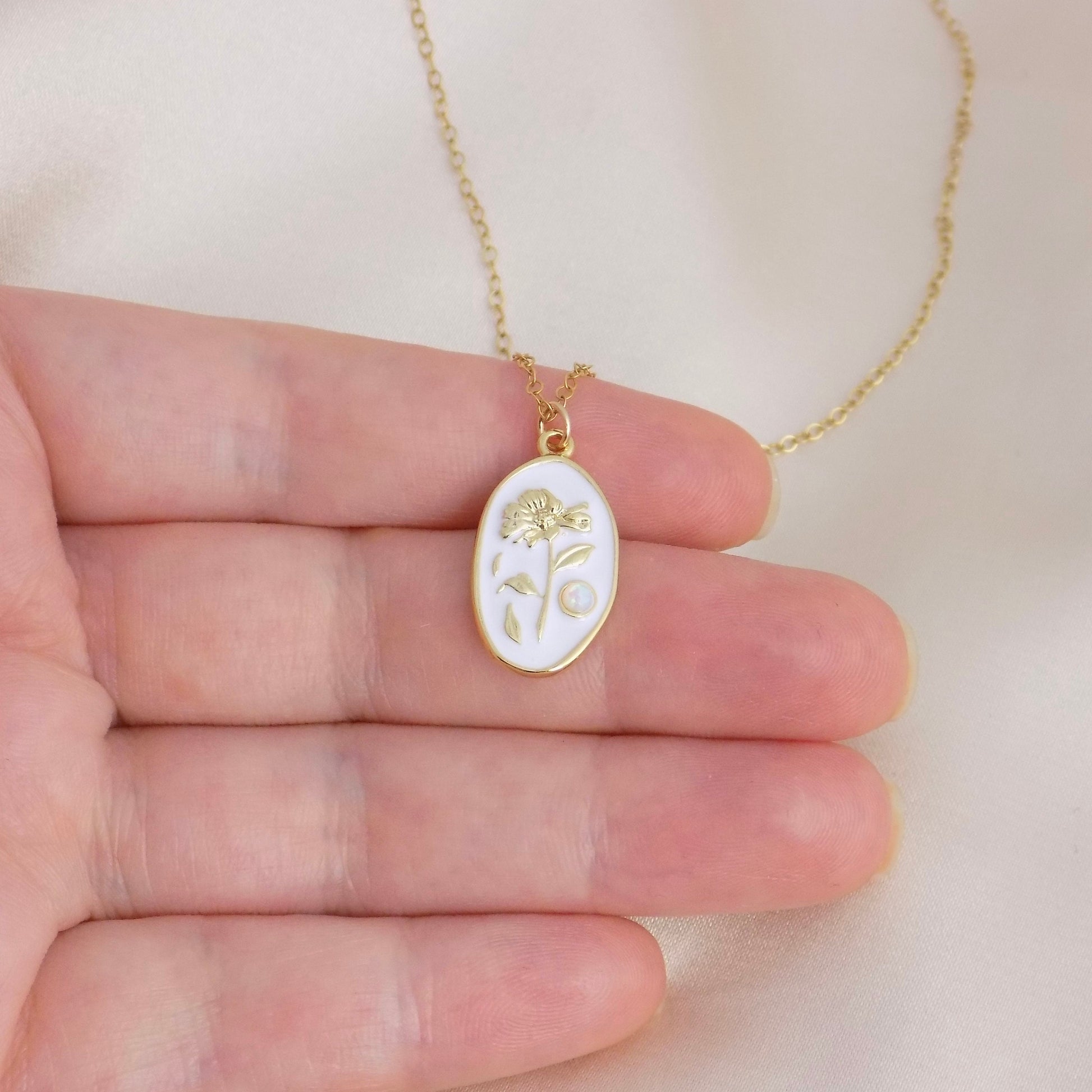 White Enamel Flower Necklace Opal Gold, Small Tag Necklace, Dainty Flower Charm Necklace, Trendy Necklace Gift For Her, M6-138