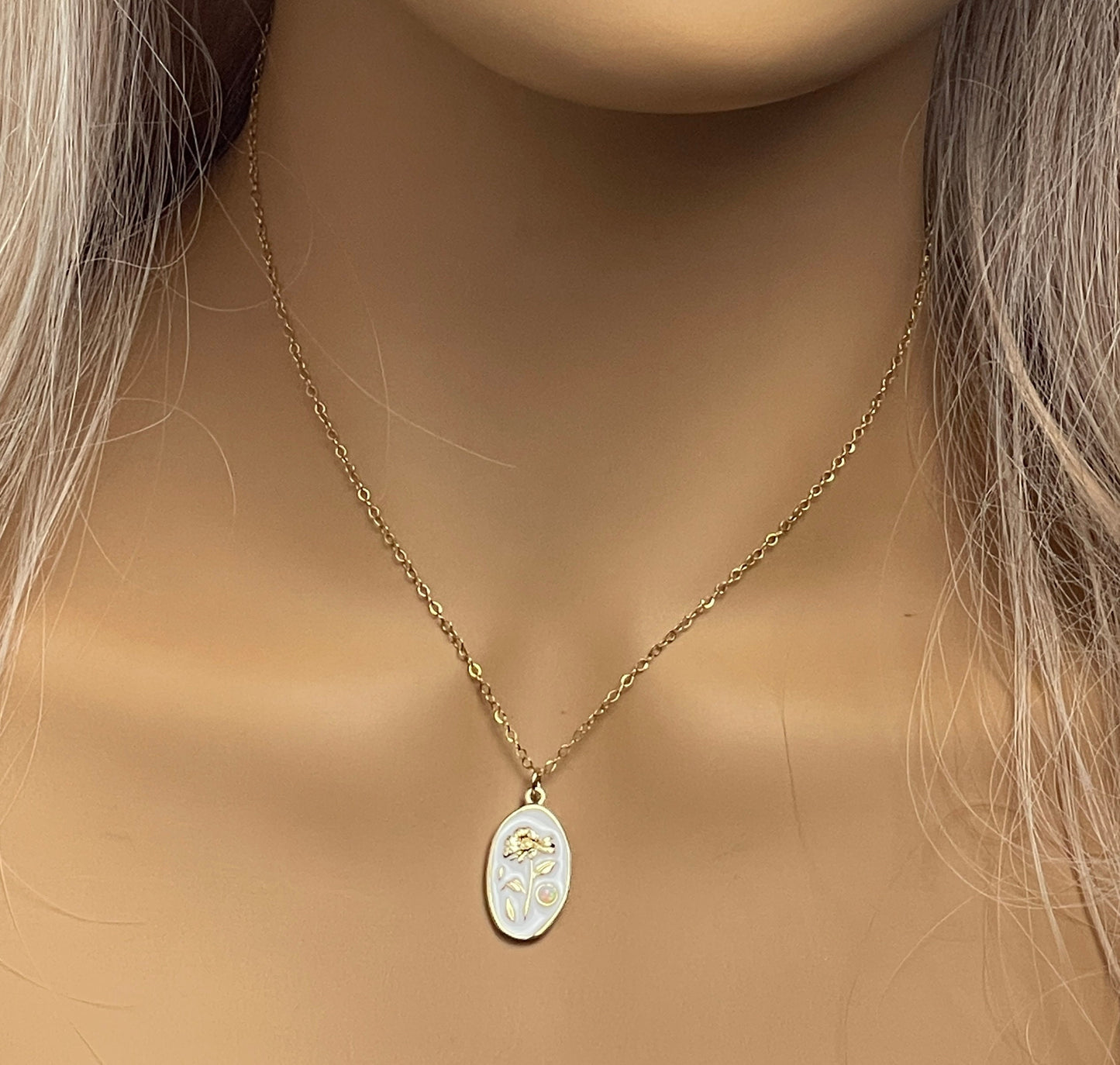 White Enamel Flower Necklace Opal Gold, Small Tag Necklace, Dainty Flower Charm Necklace, Trendy Necklace Gift For Her, M6-138