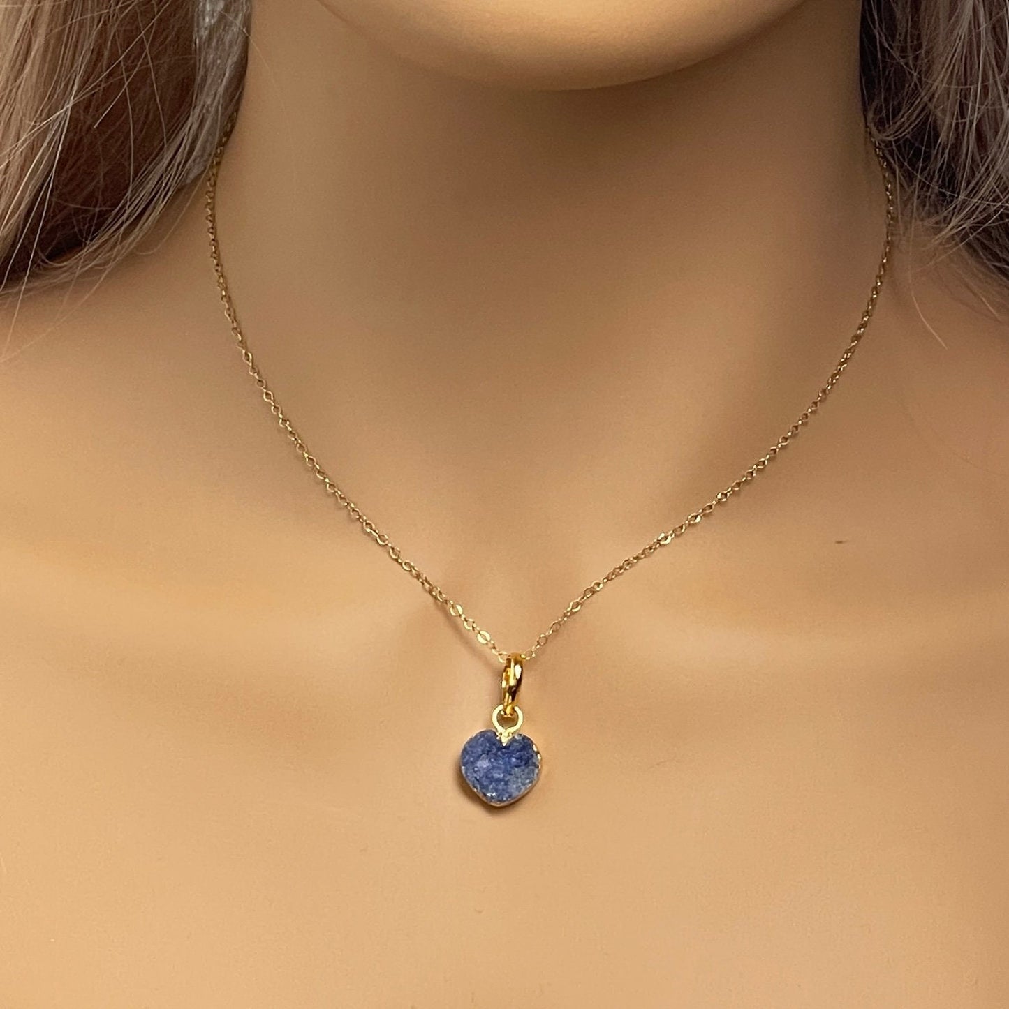 Small Heart Necklace Gold, Blue Druzy Necklace, Minimalist Layering Crystal, Gifts For Mom, M6-161