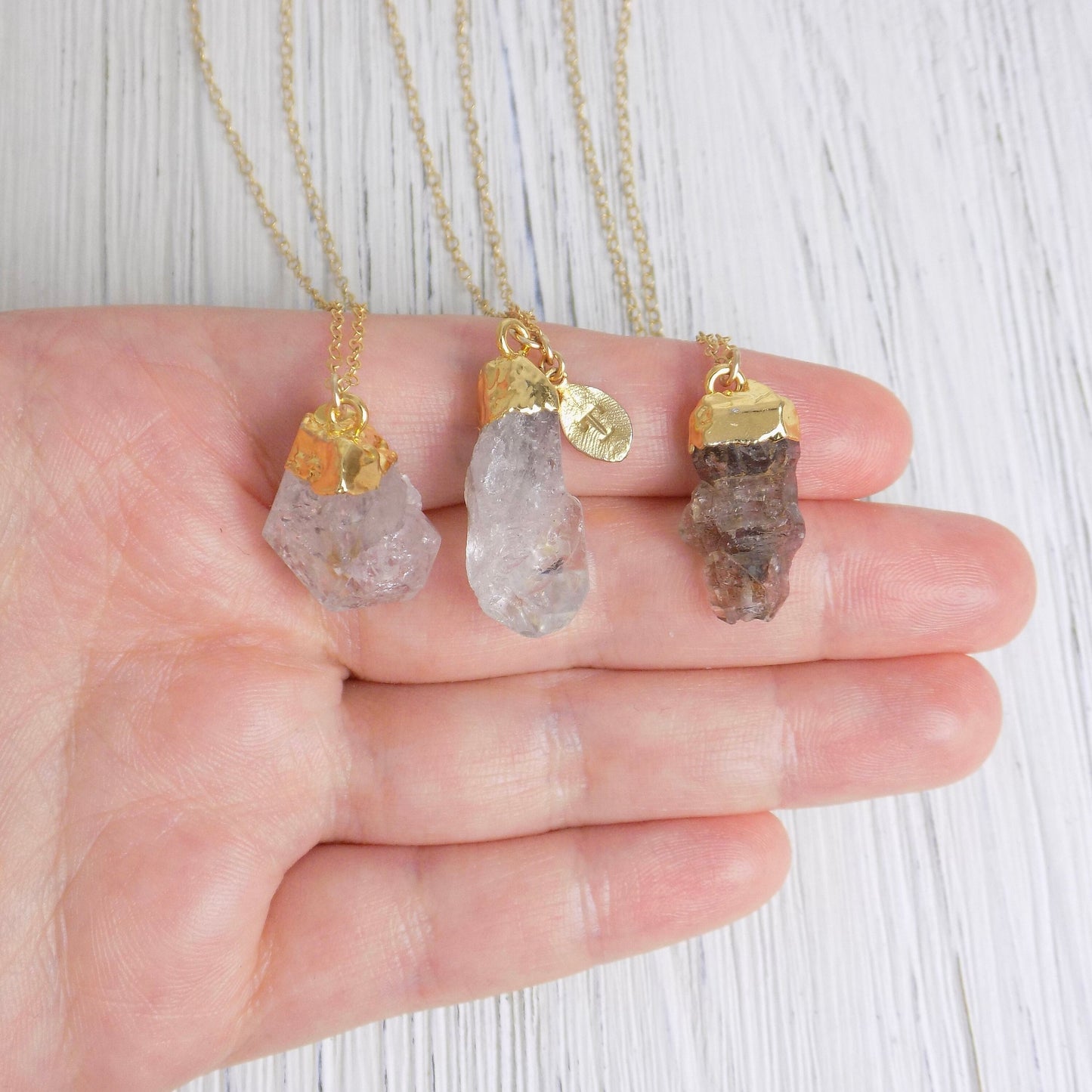 Custom Raw Herkimer Diamond Natural Gemstone Necklace on 14K Gold Filled Chain with Stamped Initial Charm, M6-29