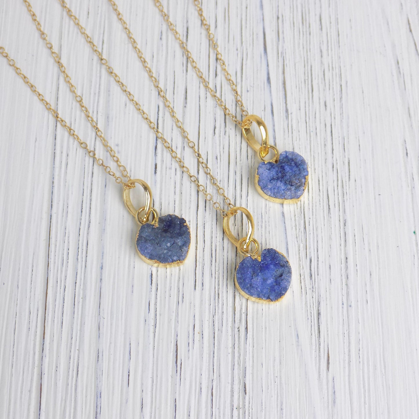 Small Heart Necklace Gold, Blue Druzy Necklace, Minimalist Layering Crystal, Gifts For Mom, M6-161