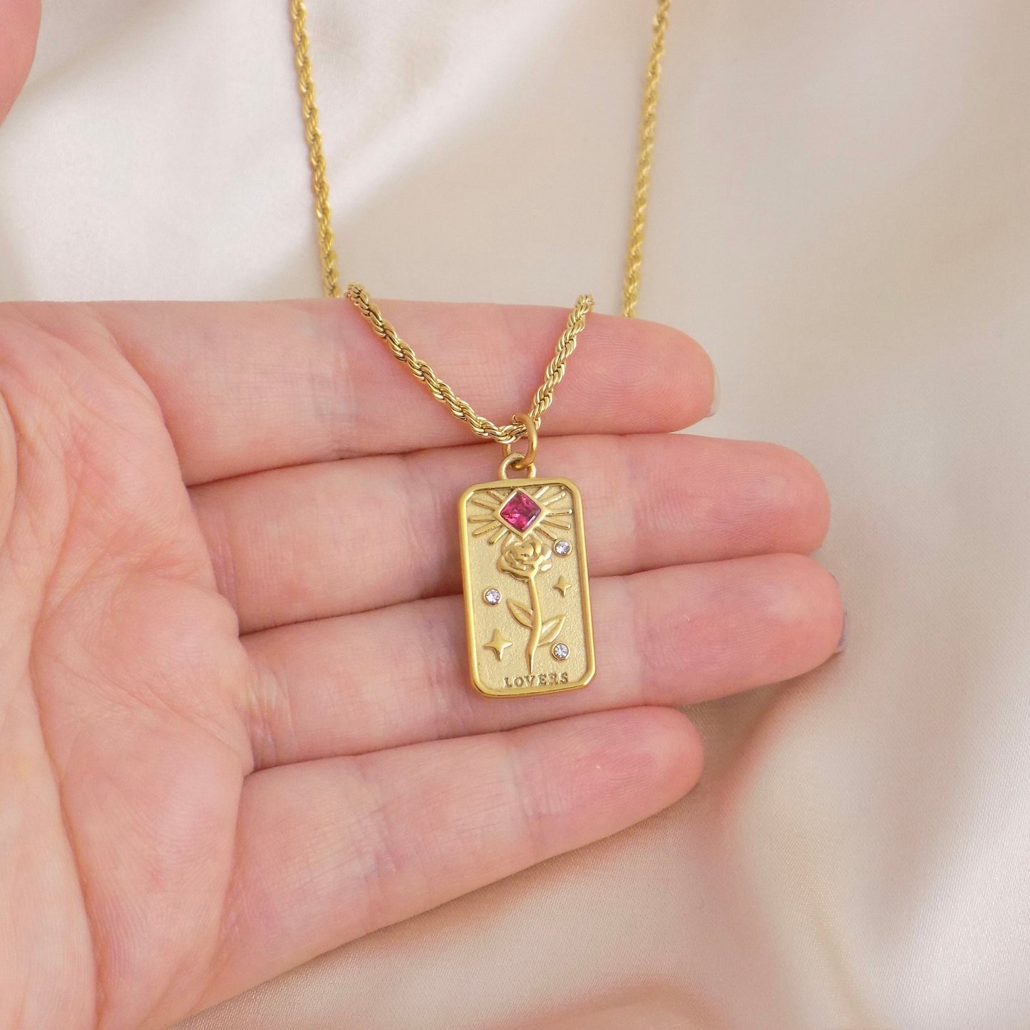 Tarot Card Necklace, Gold Tag Necklace, 18K Gold Stainless Steel Rope Chain, Ruby Flower Charm, Trendy Layering, M6-105