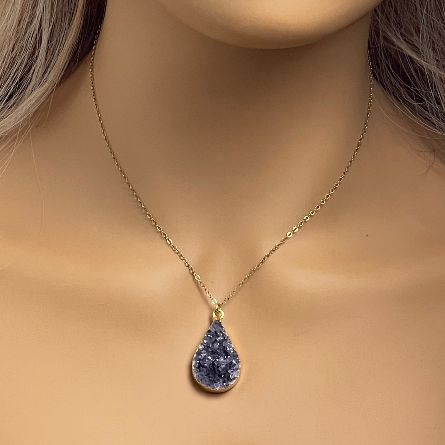 Personalized Raw Amethyst Necklace, Teardrop Druzy Pendant, 14K Gold Filled Chain, Custom Christmas Gift Women, R14-03