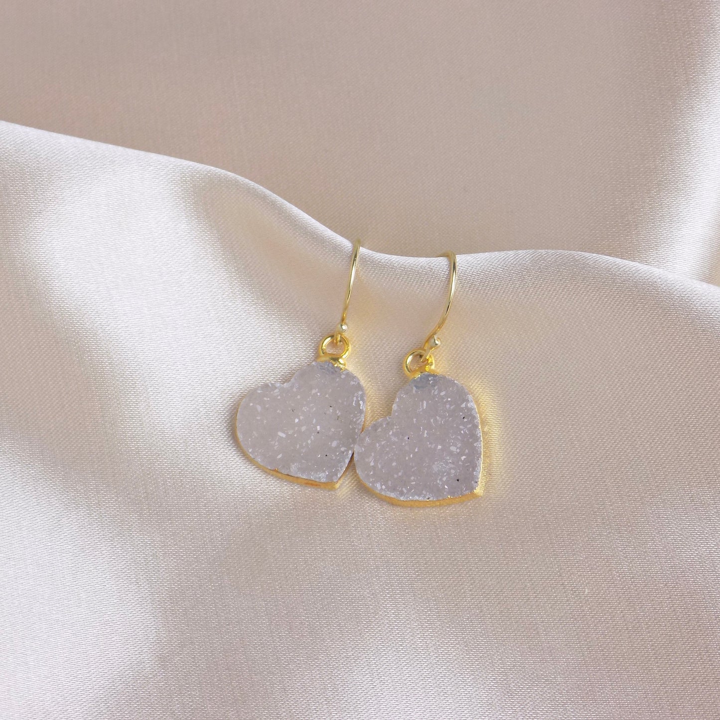 Heart Druzy Earrings Dangle Gold, Sparkly Gemstone Drop, Christmas Gift Women, M6-619