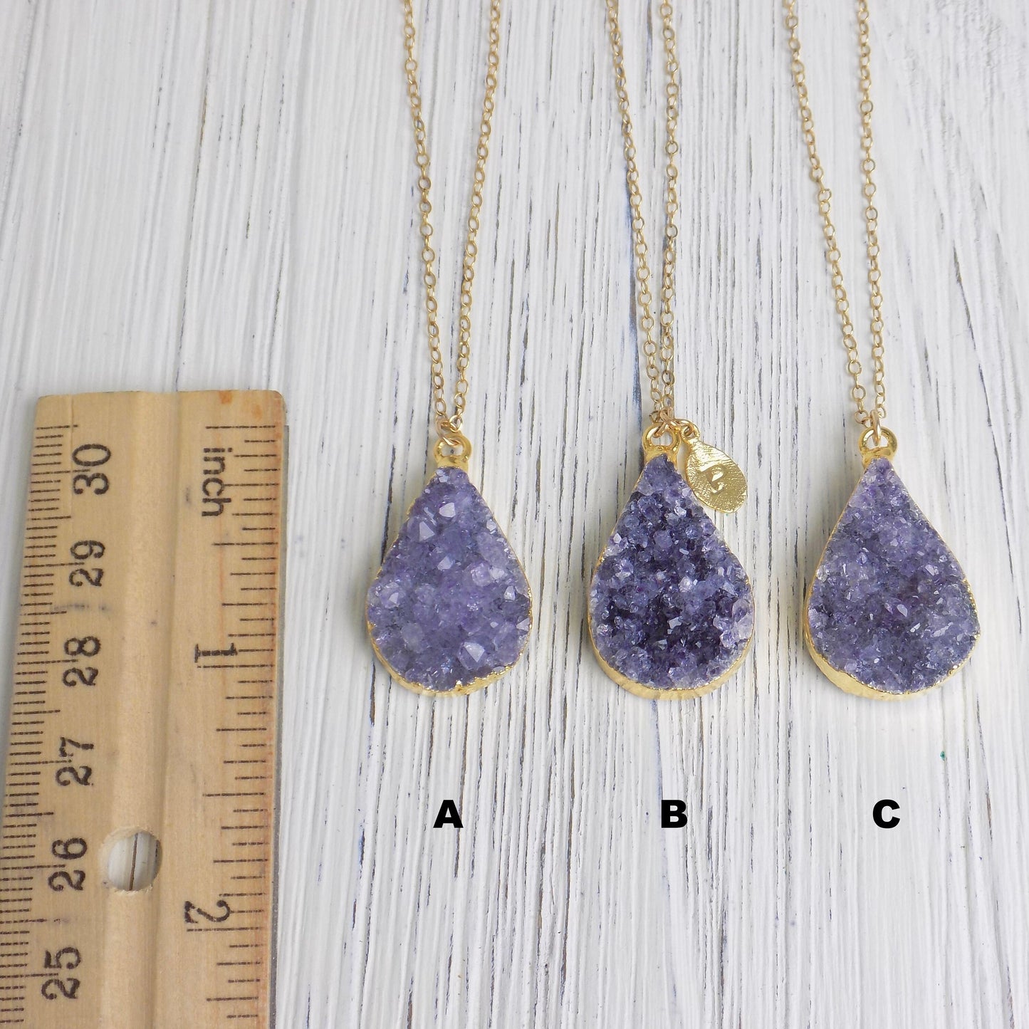 Personalized Raw Amethyst Necklace, Teardrop Druzy Pendant, 14K Gold Filled Chain, Custom Christmas Gift Women, R14-03