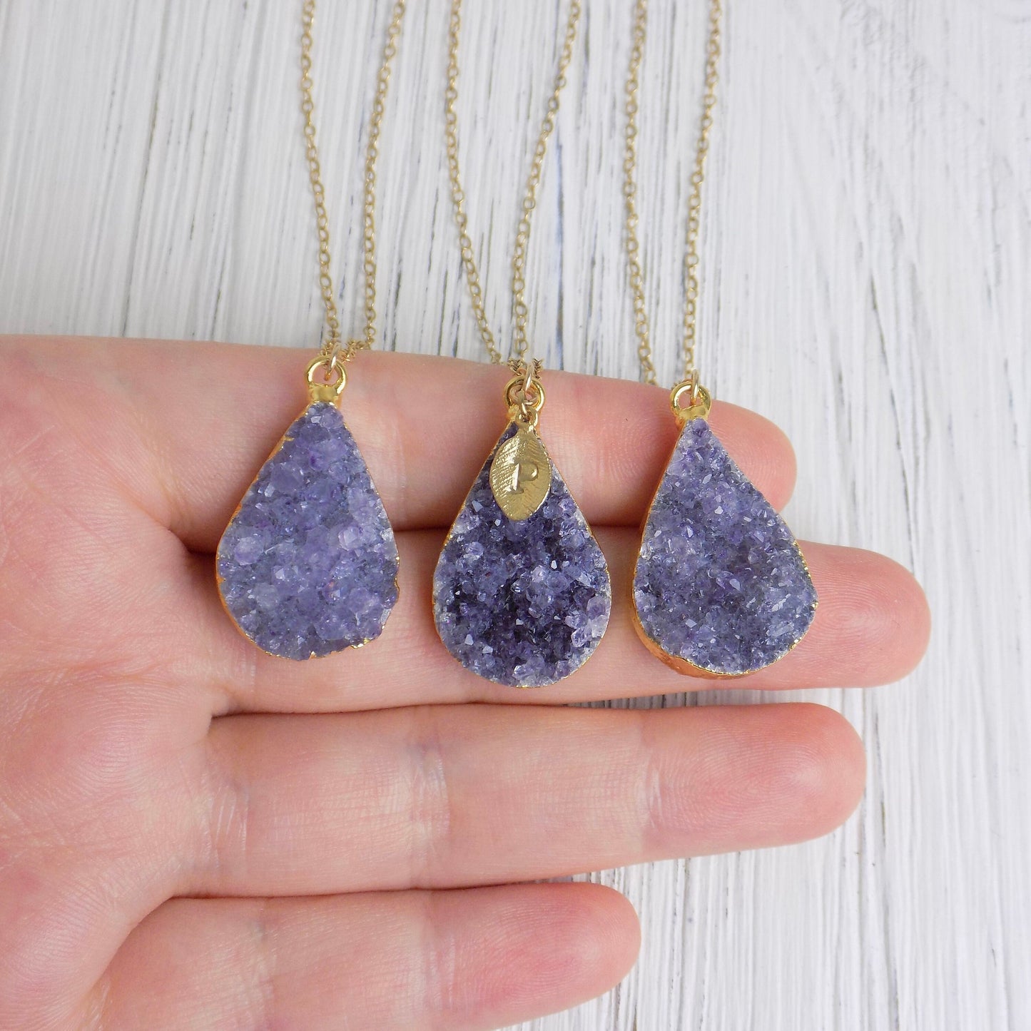Personalized Raw Amethyst Necklace, Teardrop Druzy Pendant, 14K Gold Filled Chain, Custom Christmas Gift Women, R14-03