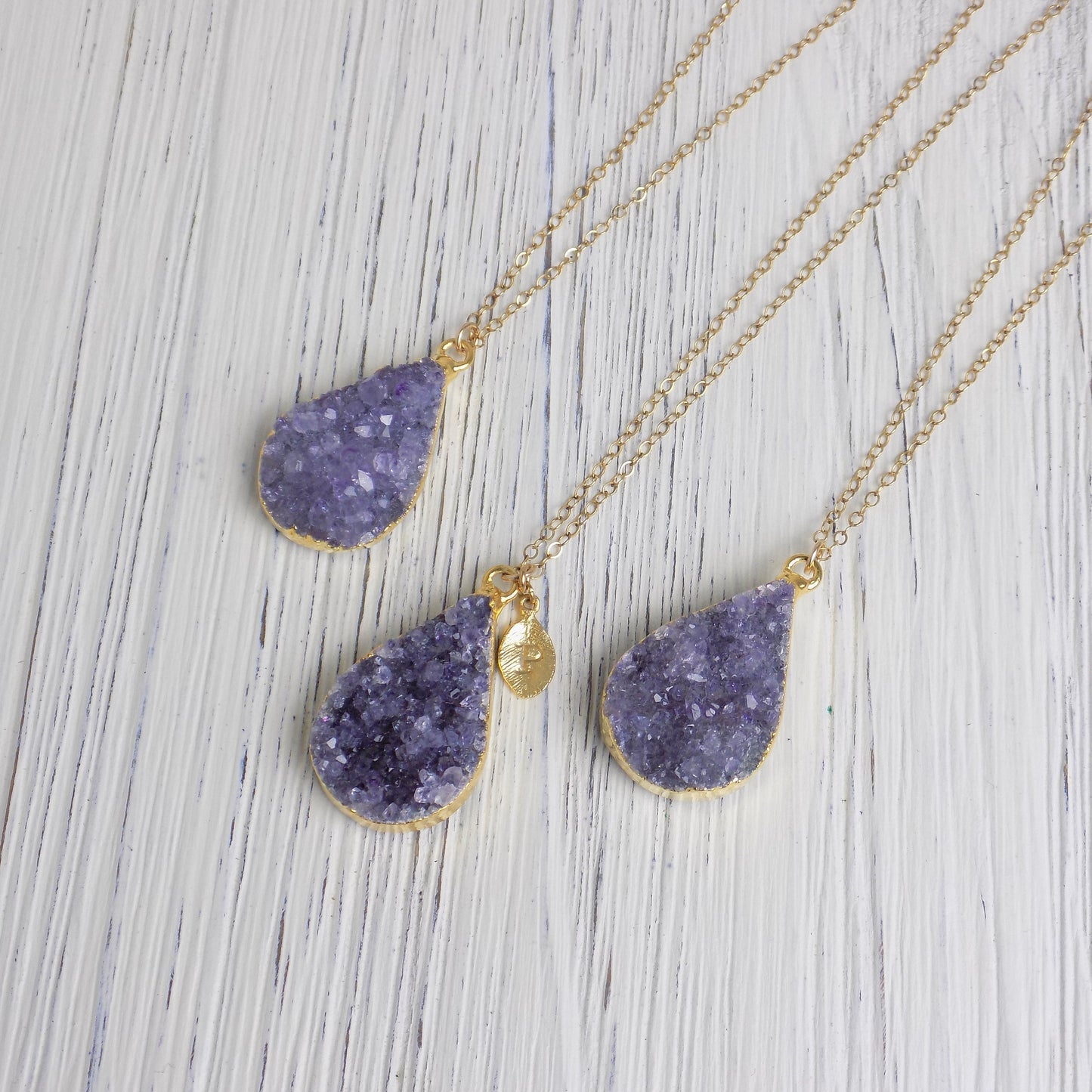 Personalized Raw Amethyst Necklace, Teardrop Druzy Pendant, 14K Gold Filled Chain, Custom Christmas Gift Women, R14-03