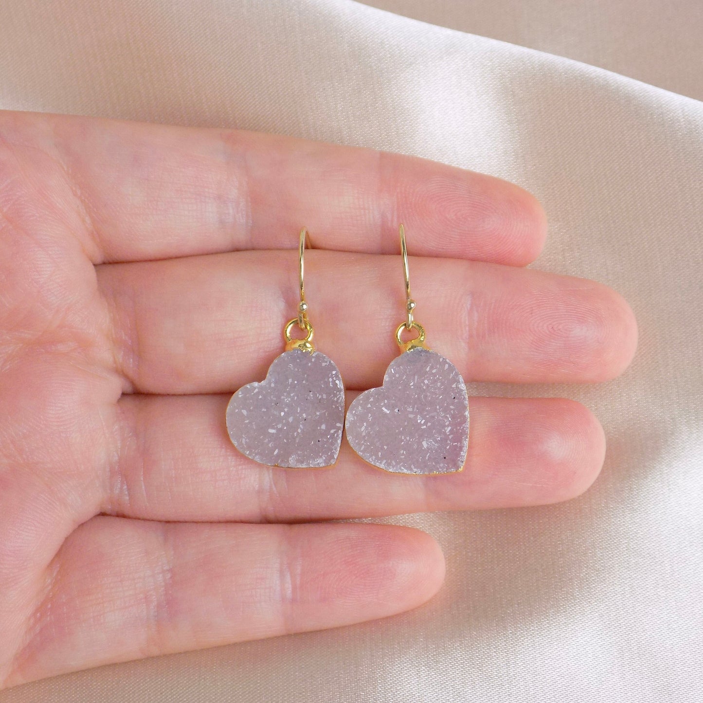 Heart Druzy Earrings Dangle Gold, Sparkly Gemstone Drop, Christmas Gift Women, M6-619