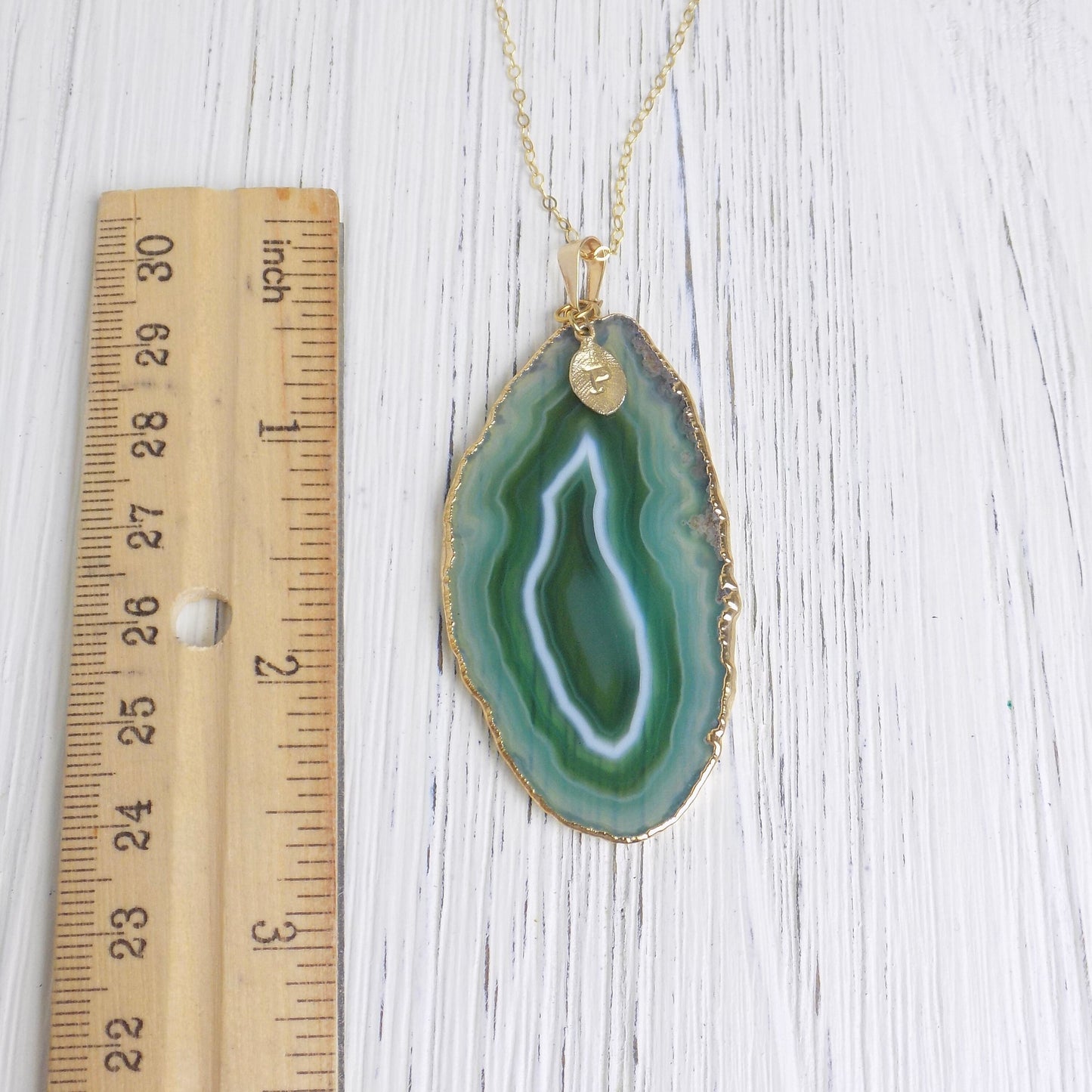 Boho Green Agate Slice Necklace, Gold Layer Statement Jewelry, Custom Initial, Mothers Day Gift, G14-274
