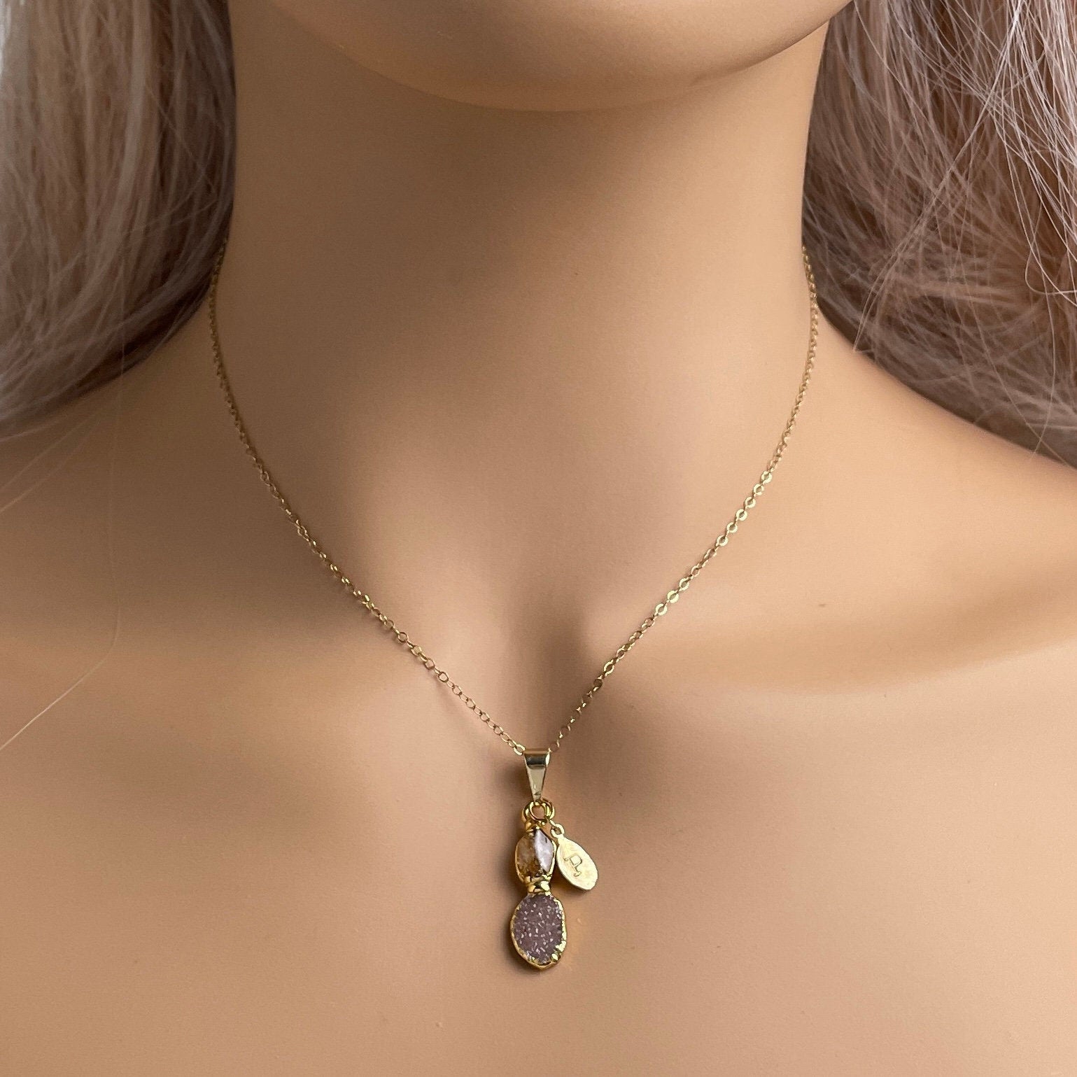 Unique Citrine Crystal Minimalist Necklace Gold, Personalized Druzy Charm with Initial, Yellow Stone, Gifts For Mom, M7-08