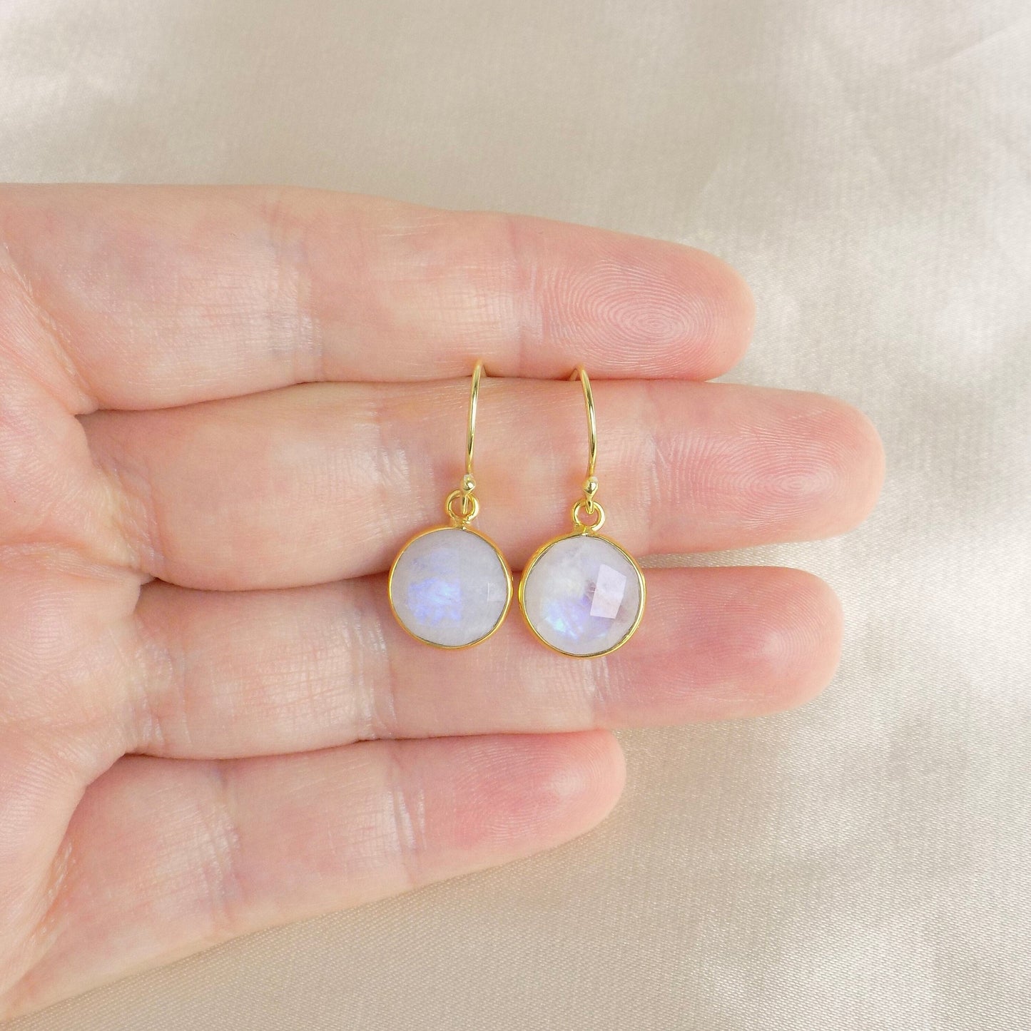 White Crystal Drop Earrings Gold, Moonstone Earrings, Blue Flash, Small Round Faceted Gemstones, Christmas Gifts For Wife, M6-47