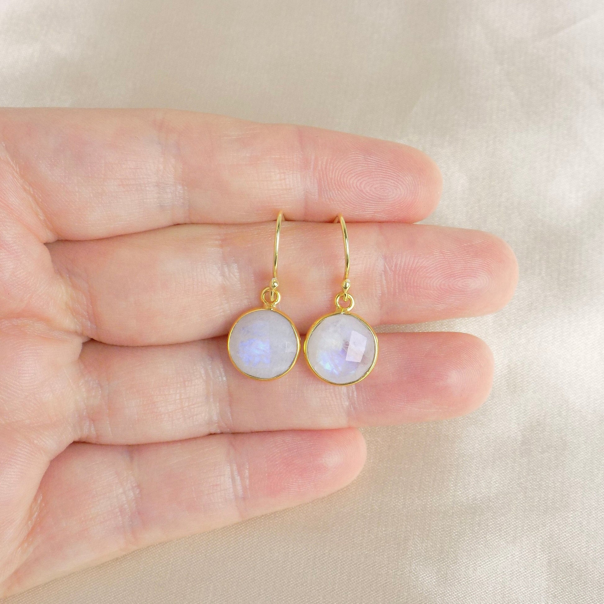 White Crystal Drop Earrings Gold, Moonstone Earrings, Blue Flash, Small Round Faceted Gemstones, Christmas Gifts For Wife, M6-47