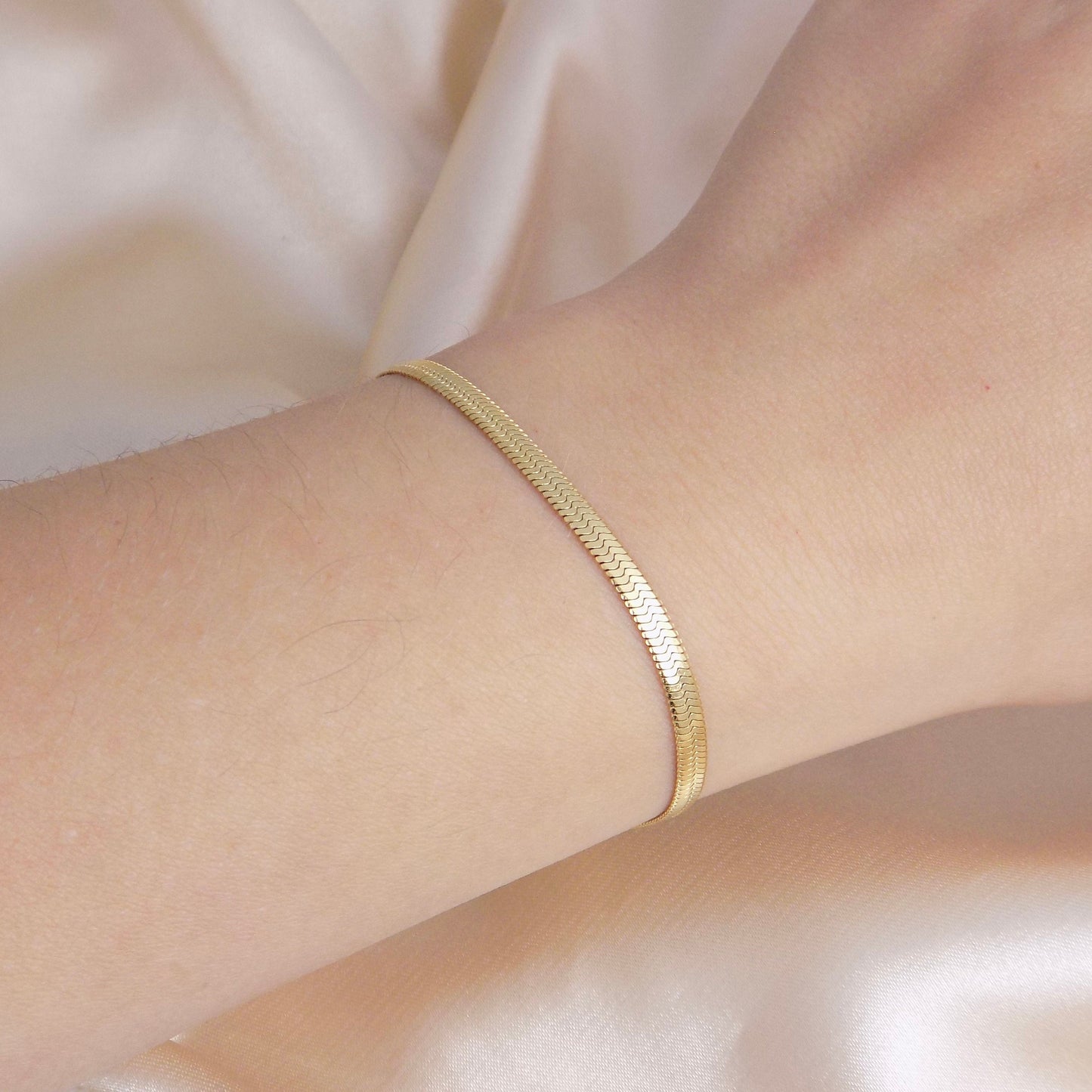 18K Gold Snake Chain Bracelet Stainless Steel, Delicate Gold Layer Herringbone, Dainty Thin Bracelet, Simple Bracelet Everyday, M6-708