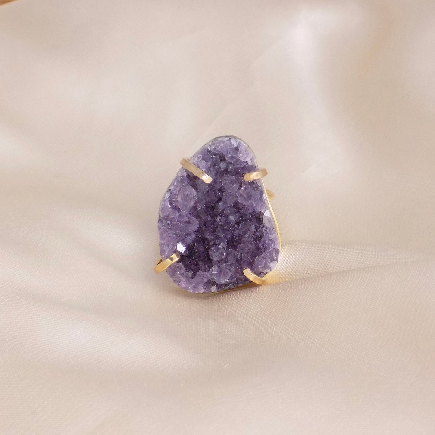 Large Amethyst Statement Ring, Raw Amethyst Druzy Ring Adjustable, Purple Crystal Ring, Birthday Gift Women, G14-740