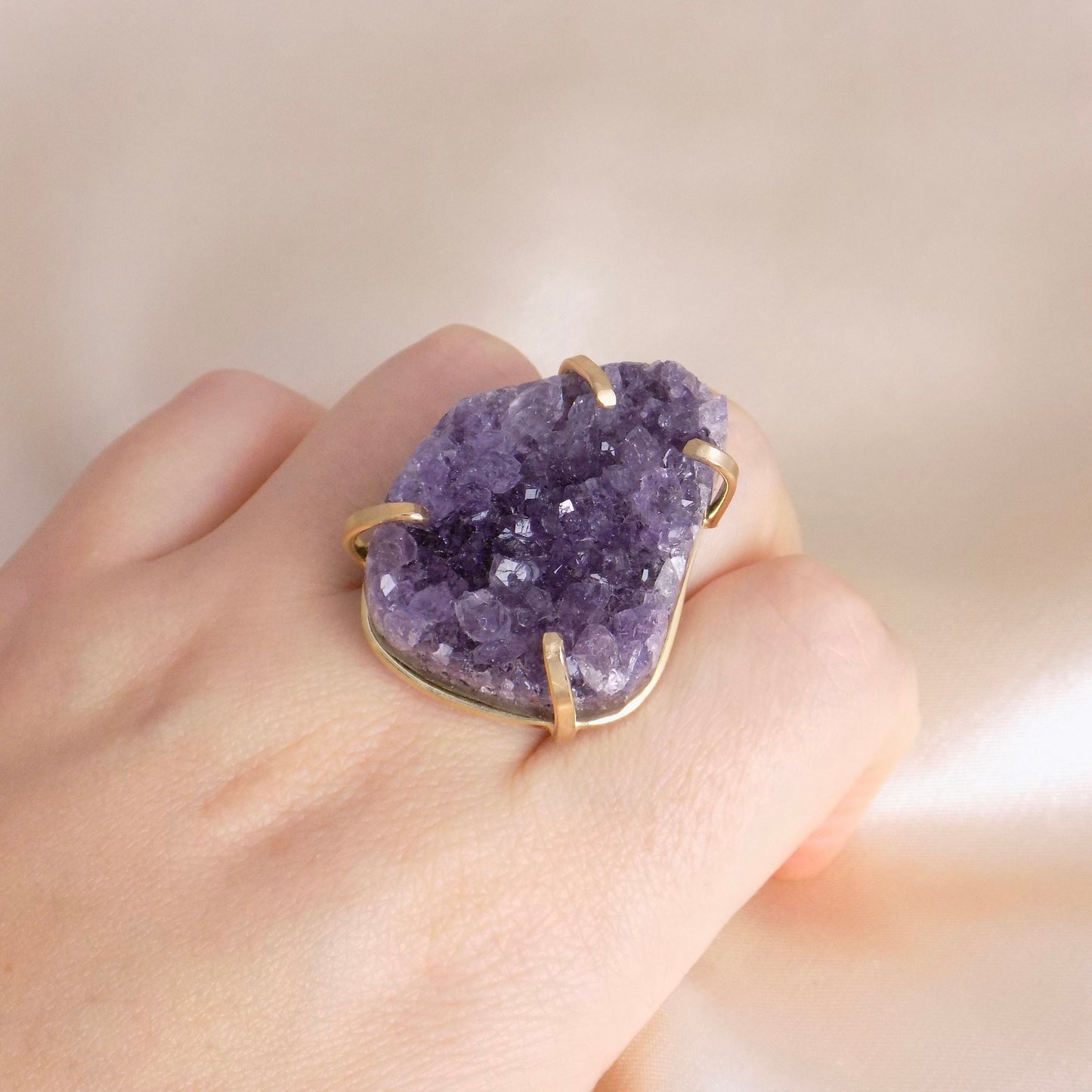 Large Amethyst Statement Ring, Raw Amethyst Druzy Ring Adjustable, Purple Crystal Ring, Birthday Gift Women, G14-740