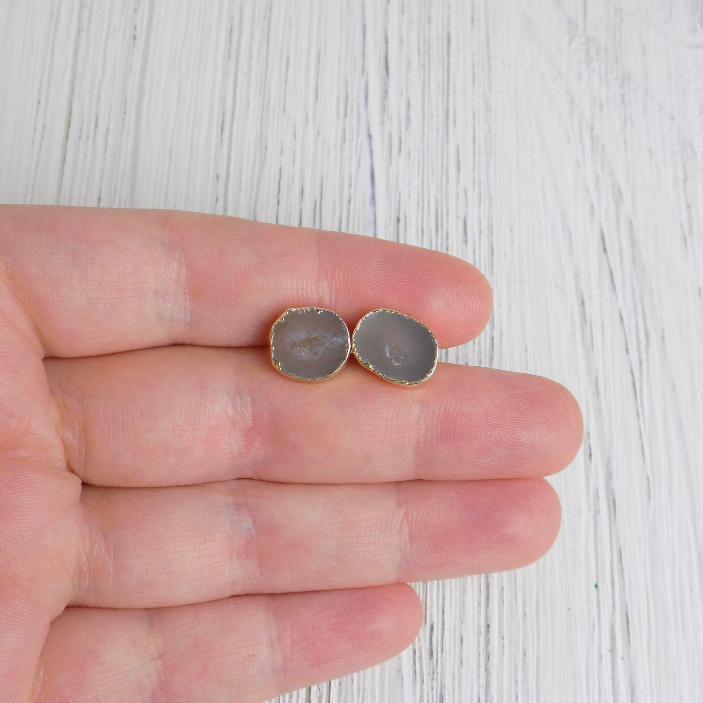 Gray Crystal Earrings Studs Gold, Geode Earrings, Real Druzy Stud Earring Small, Bridesmaid Gift, G14-154