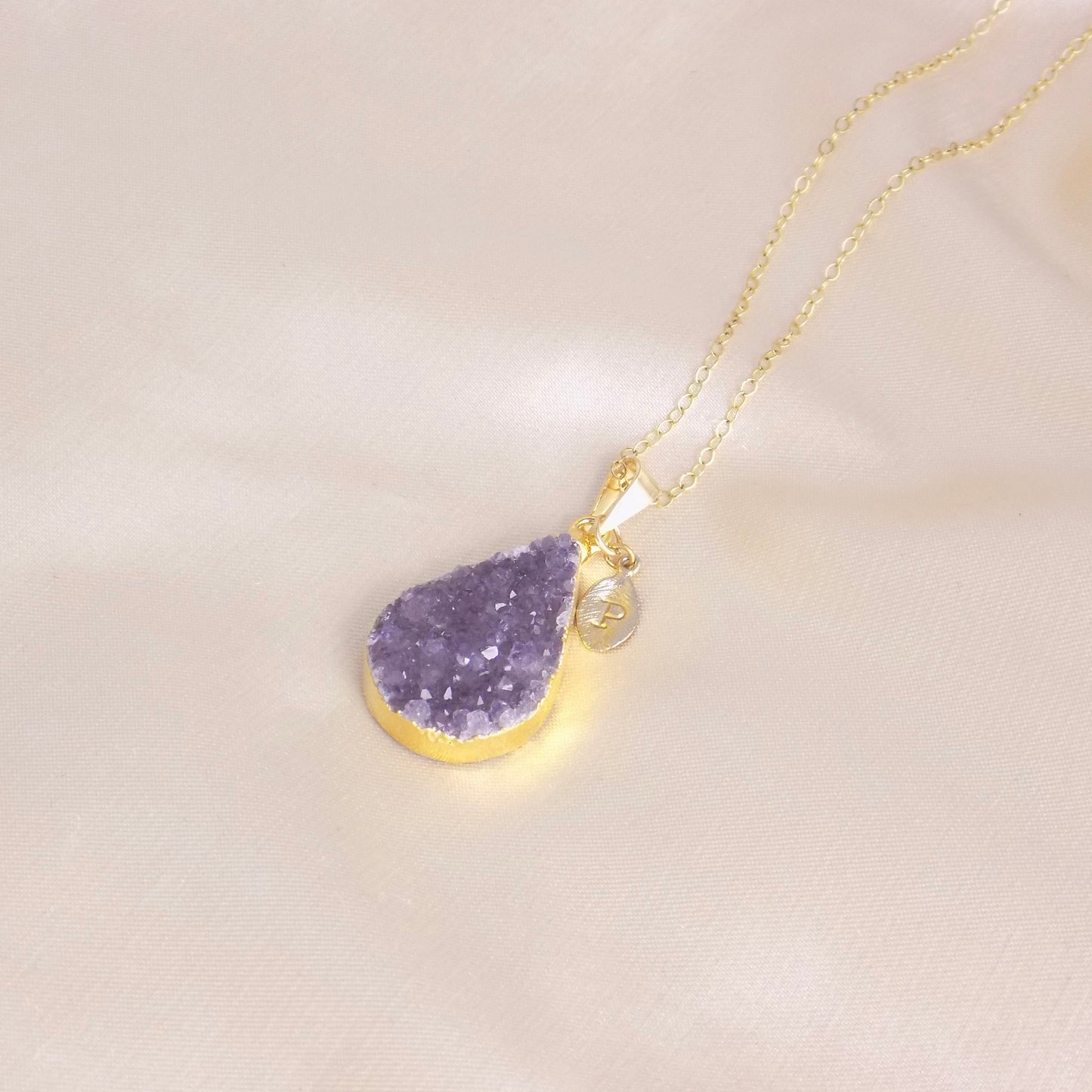 Personalized Amethyst Necklace Gold, Teardrop Druzy Pendant, 14K Gold Filled Chain, Christmas Gift For Wife, G14-742