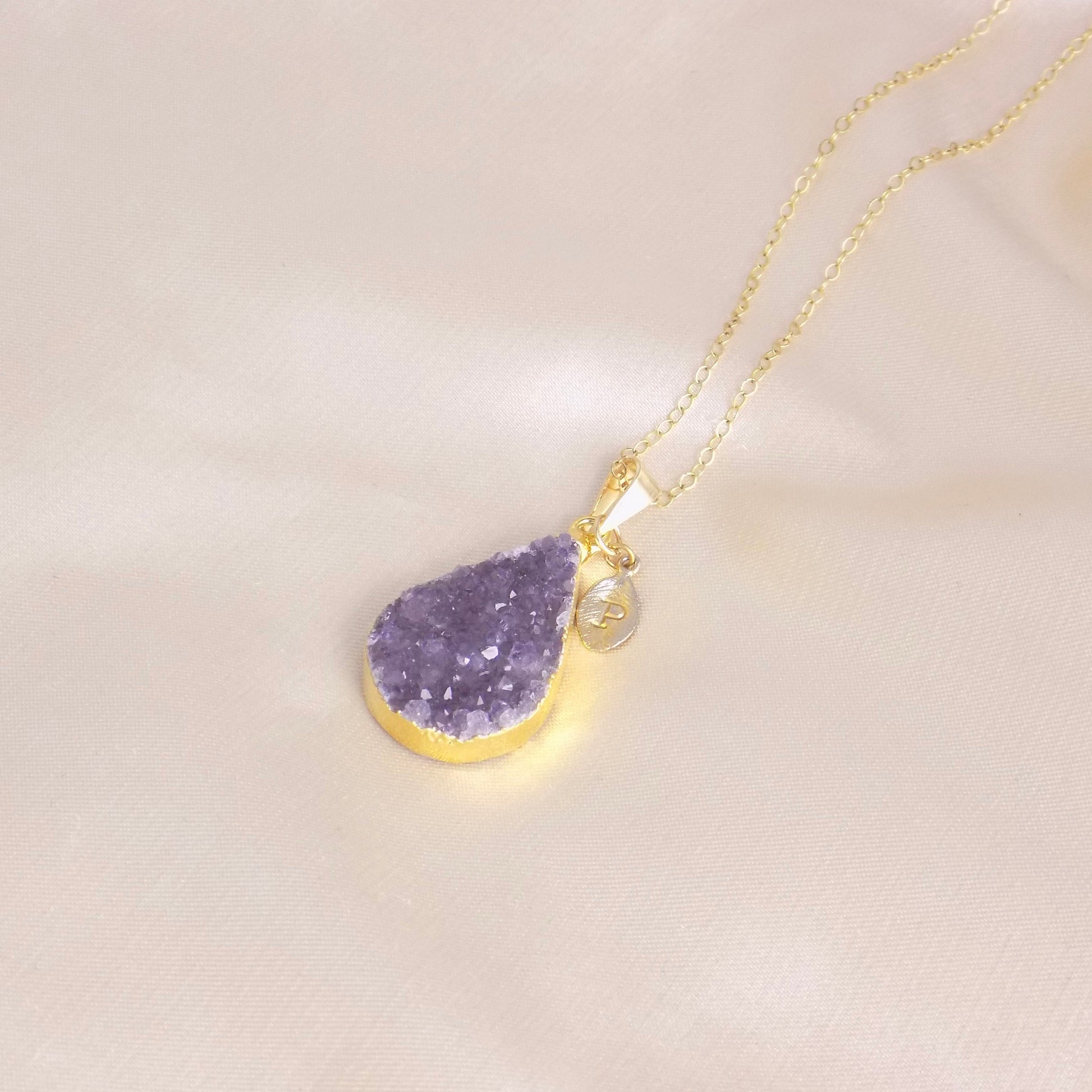 Personalized Amethyst Necklace Gold, Teardrop Druzy Pendant, 14K Gold Filled Chain, Christmas Gift For Wife, G14-742