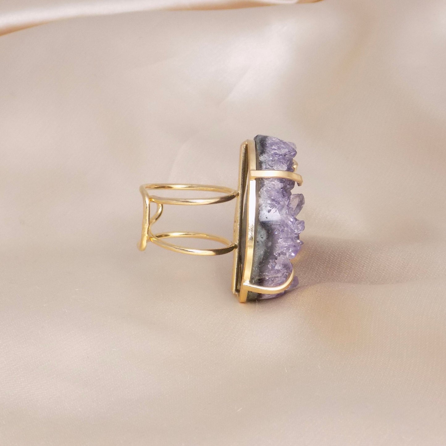 Large Amethyst Statement Ring, Raw Amethyst Druzy Ring Adjustable, Purple Crystal Ring, Birthday Gift Women, G14-740