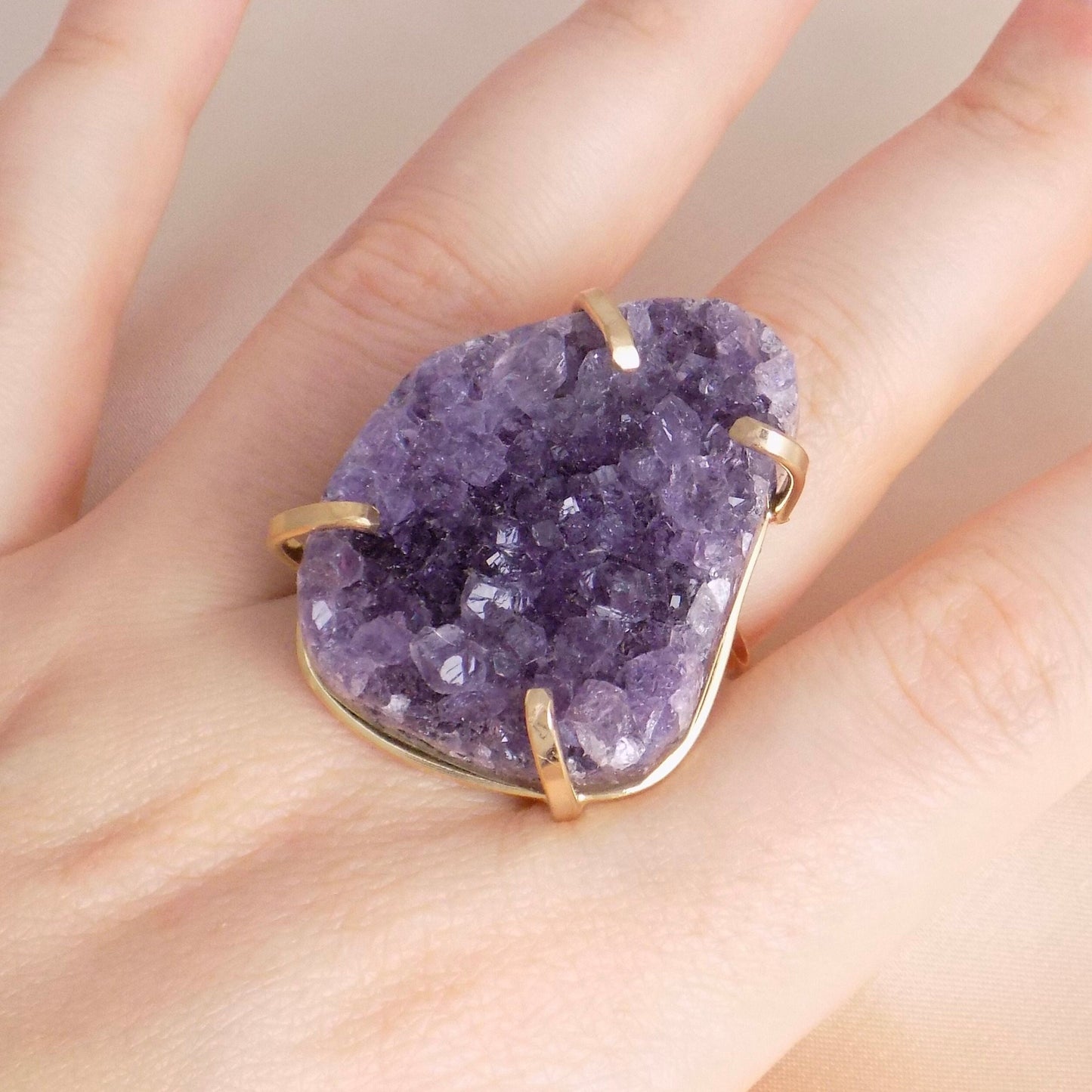 Large Amethyst Statement Ring, Raw Amethyst Druzy Ring Adjustable, Purple Crystal Ring, Birthday Gift Women, G14-740