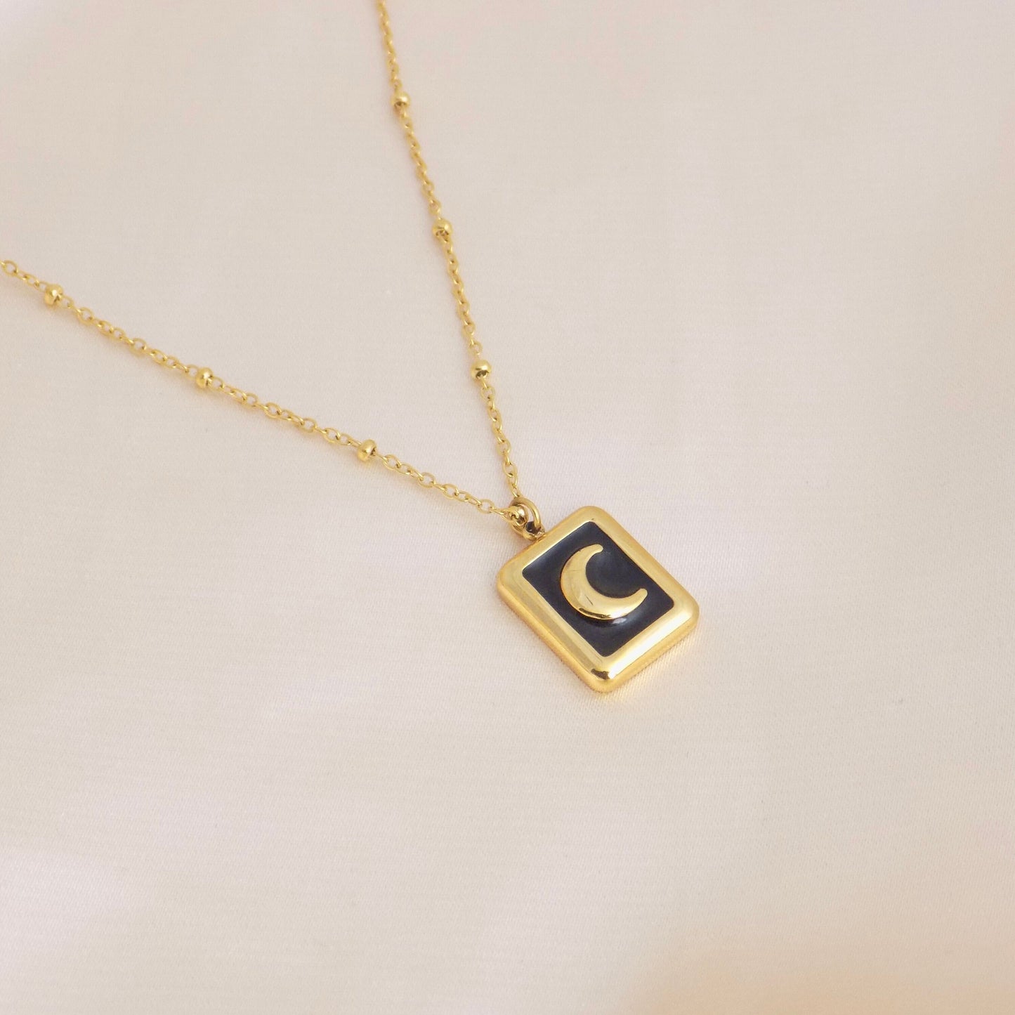 Unique Crescent Moon Necklace on 18K Gold Stainless Steel Satellite Chain, M6-109