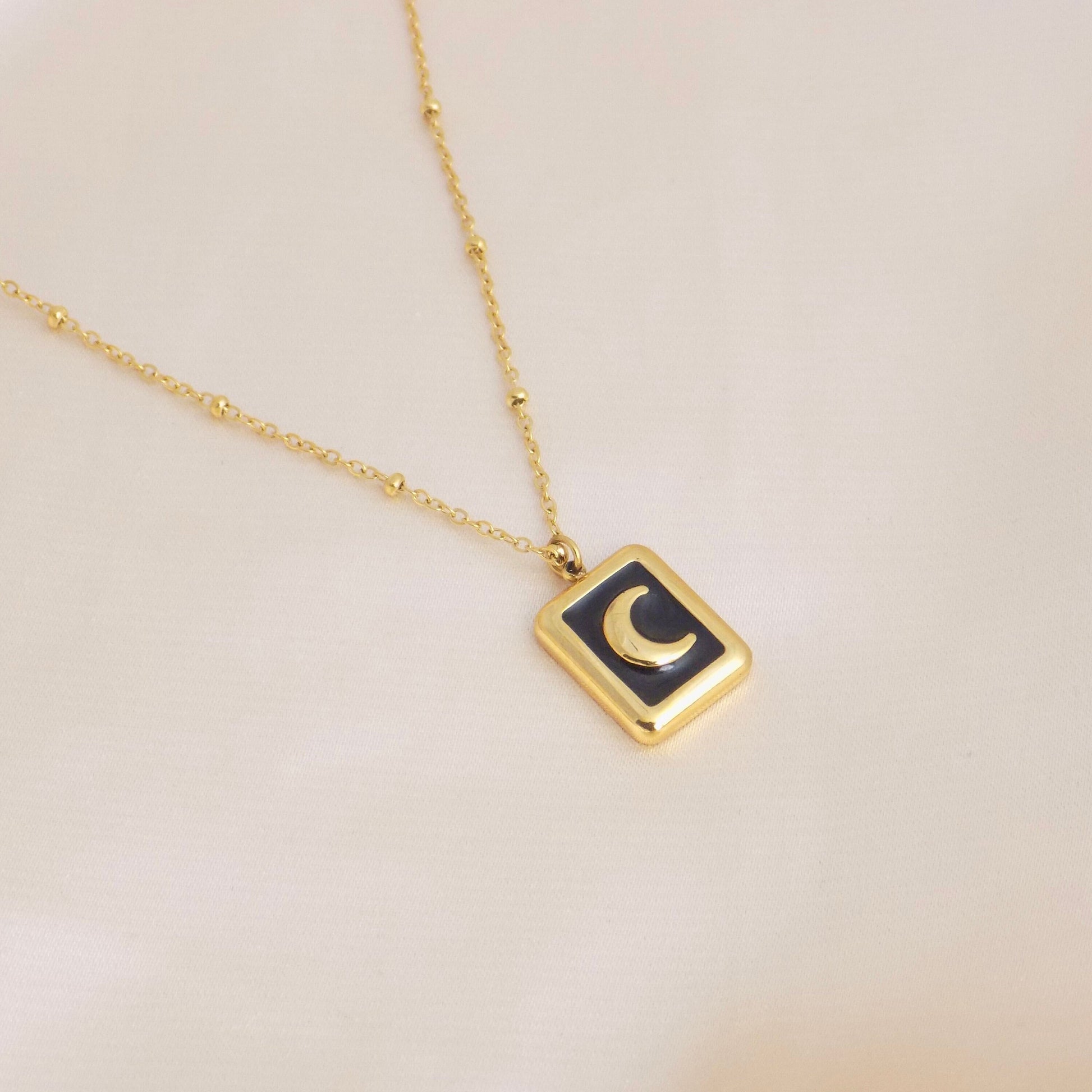 Unique Crescent Moon Necklace on 18K Gold Stainless Steel Satellite Chain, M6-109