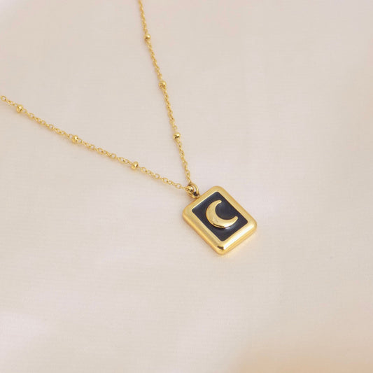 Unique Crescent Moon Necklace on 18K Gold Stainless Steel Satellite Chain, M6-109