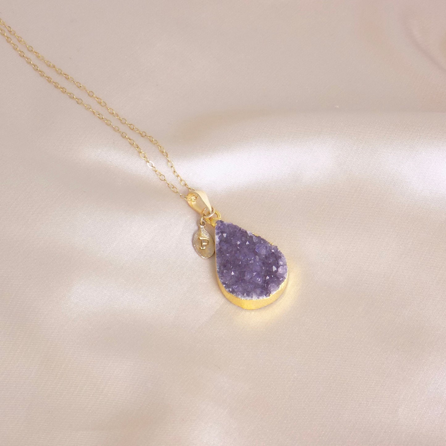 Personalized Amethyst Necklace Gold, Teardrop Druzy Pendant, 14K Gold Filled Chain, Christmas Gift For Wife, G14-742