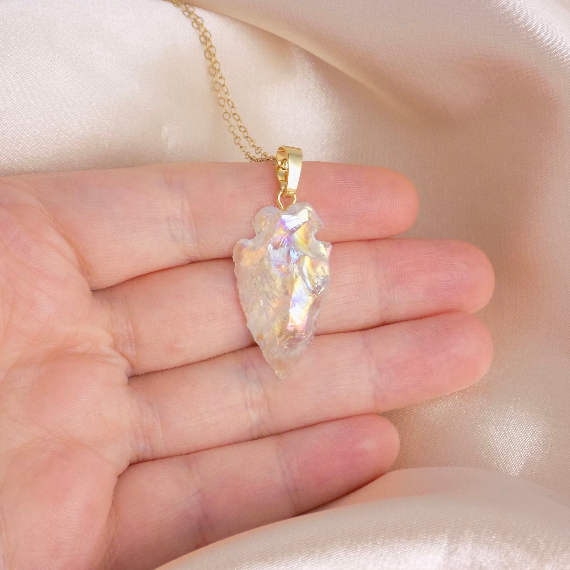 Angel Aura Quartz Necklace, Iridescent Arrowhead Pendant Necklace Gold, Gift For Her, G14-803
