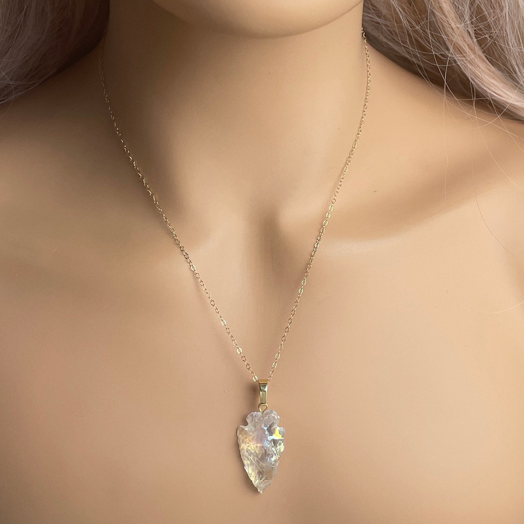 Angel Aura Quartz Necklace, Iridescent Arrowhead Pendant Necklace Gold, Gift For Her, G14-803