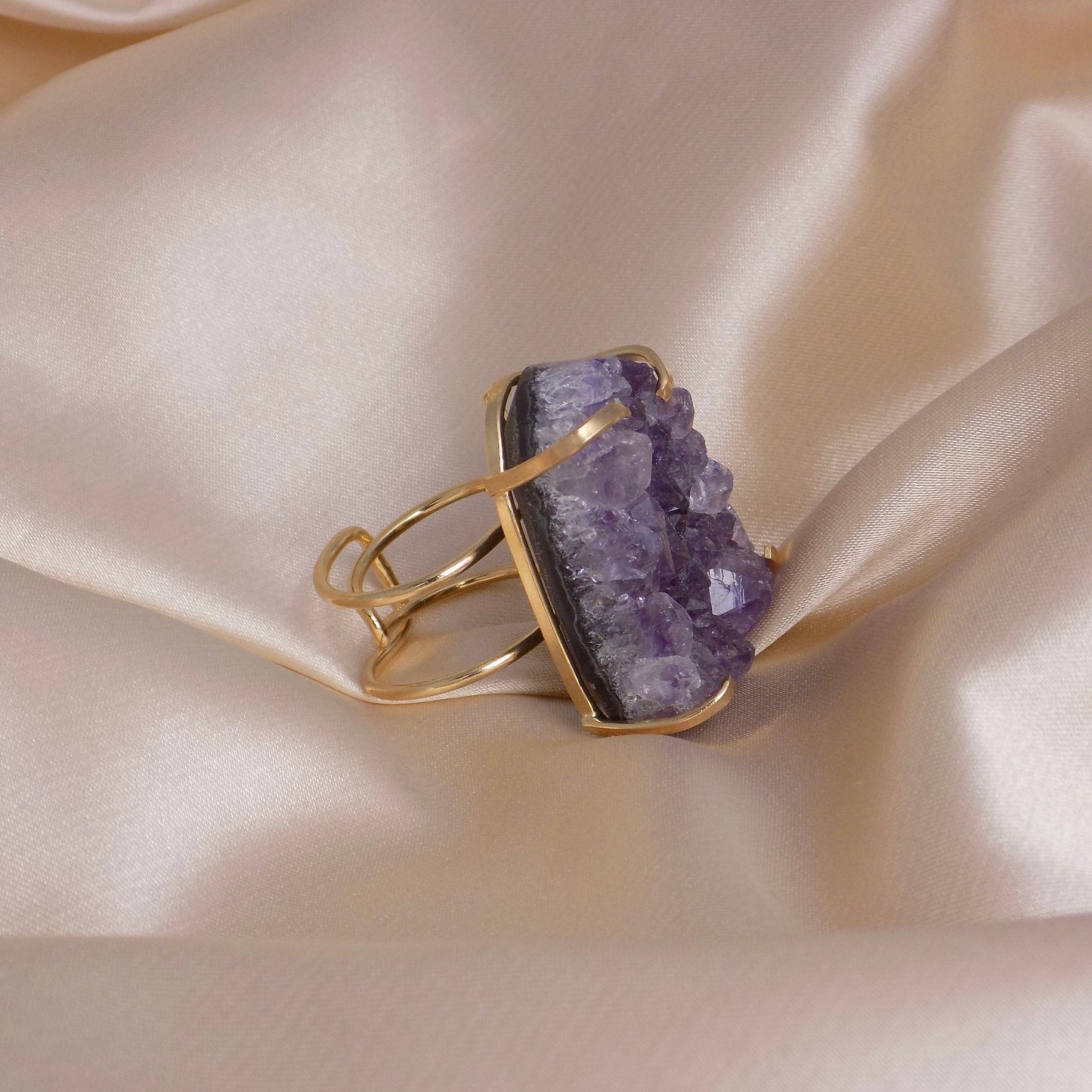 Large Raw Amethyst Druzy Ring Gold Adjustable, Boho Statement Crystal Jewelry, G14-809