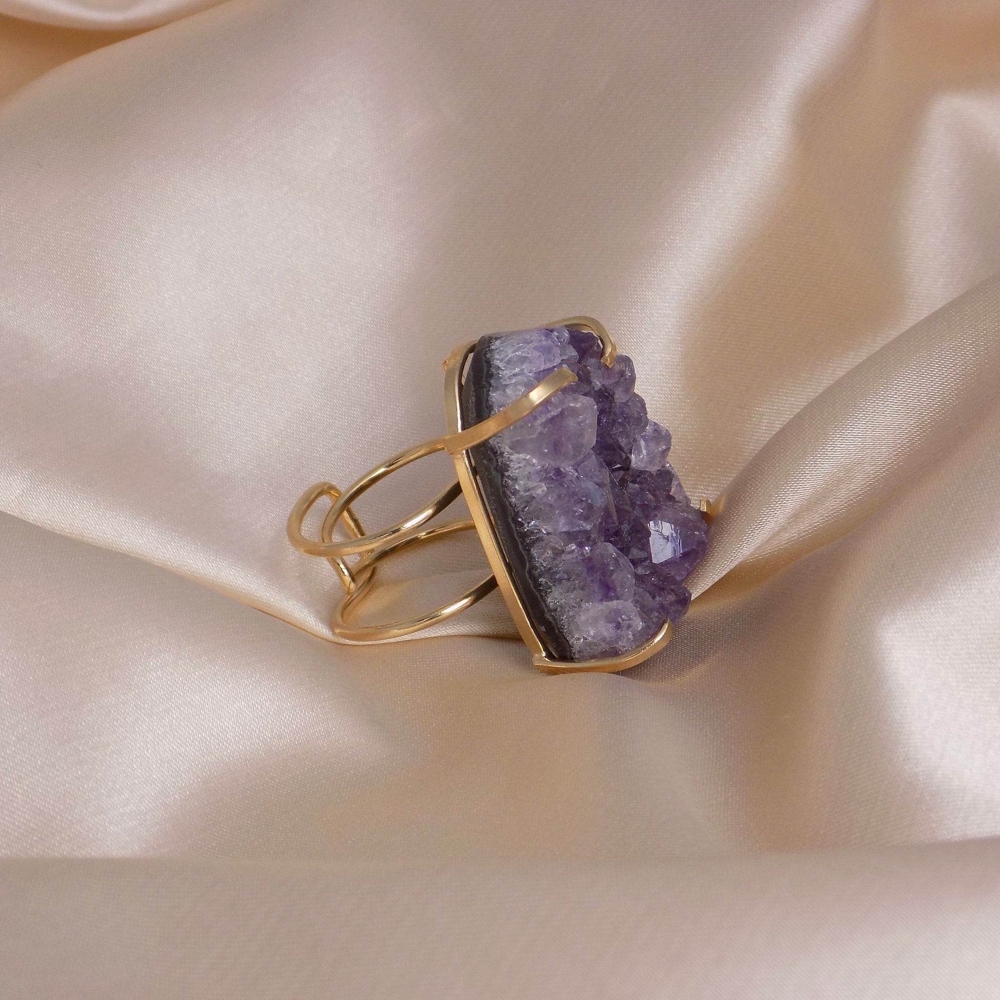 Large Raw Amethyst Druzy Ring Gold Adjustable, Boho Statement Crystal Jewelry, G14-809