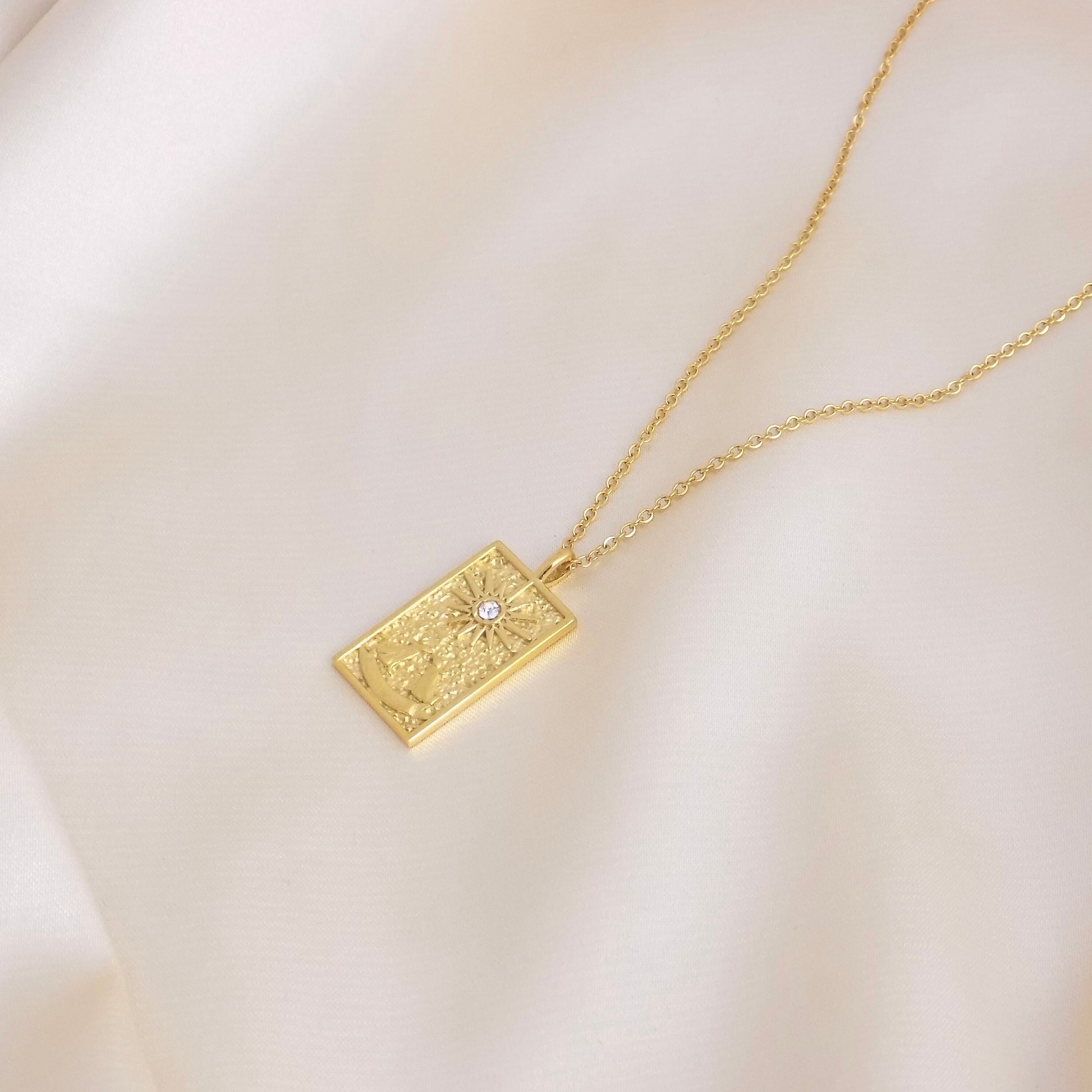Tarot Card Necklace Gold, Rectangular Charm, Trendy Layer For Women, 18K Gold Stainless Steel, M6-108